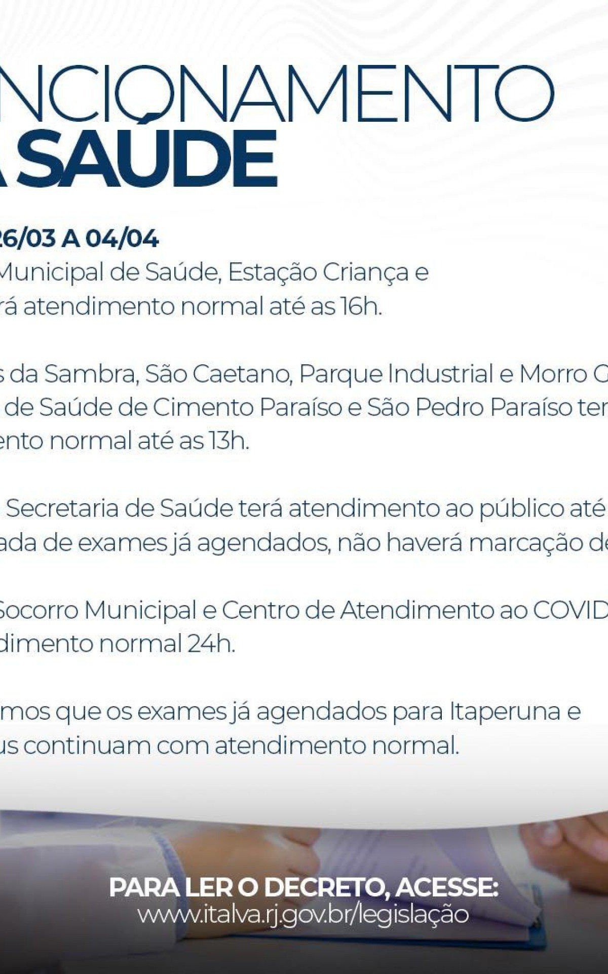 Funcionamento dos órgãos de saúde do município de Italva entre os dias 26/03 a 04/04.