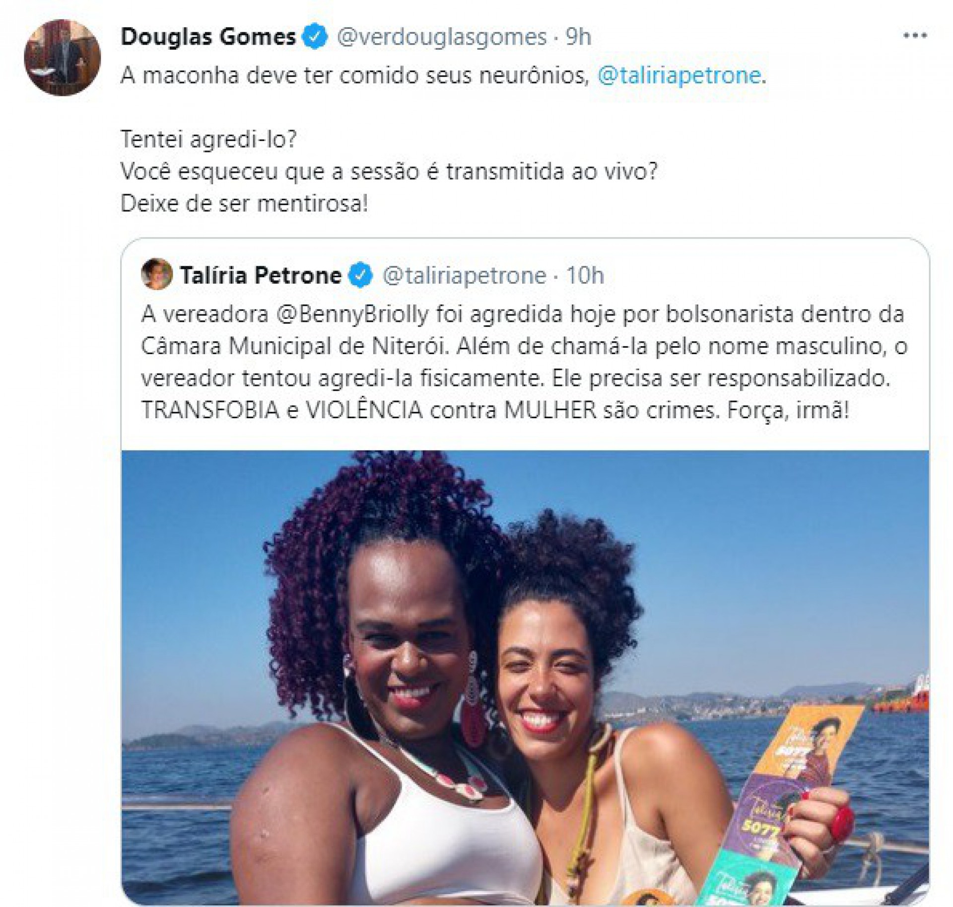 Vereador responde de forma agressiva a deputada federal Tal&iacute;ria Perone, do PSOL - Reprodu&ccedil;&atilde;o / Redes socias
