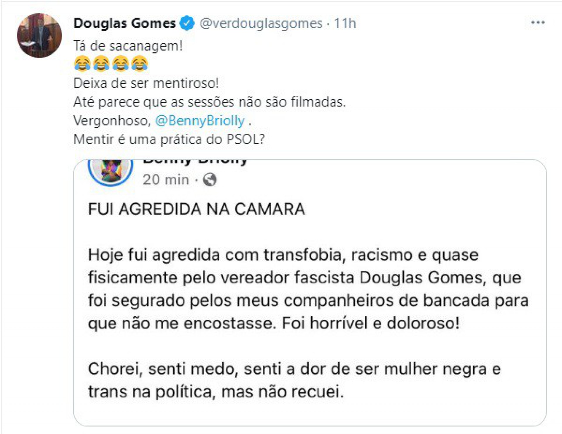 Vereador Douglas Gomes nega acusações da parlamentar Benny Briolly - Reprodução / Redes sociais