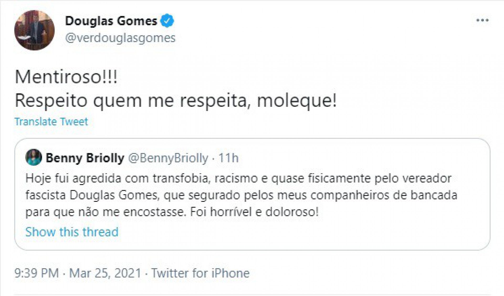 Vereador Douglas Gomes nega agressão à vereadora Benny Briolly - Reprodução / Redes sociais