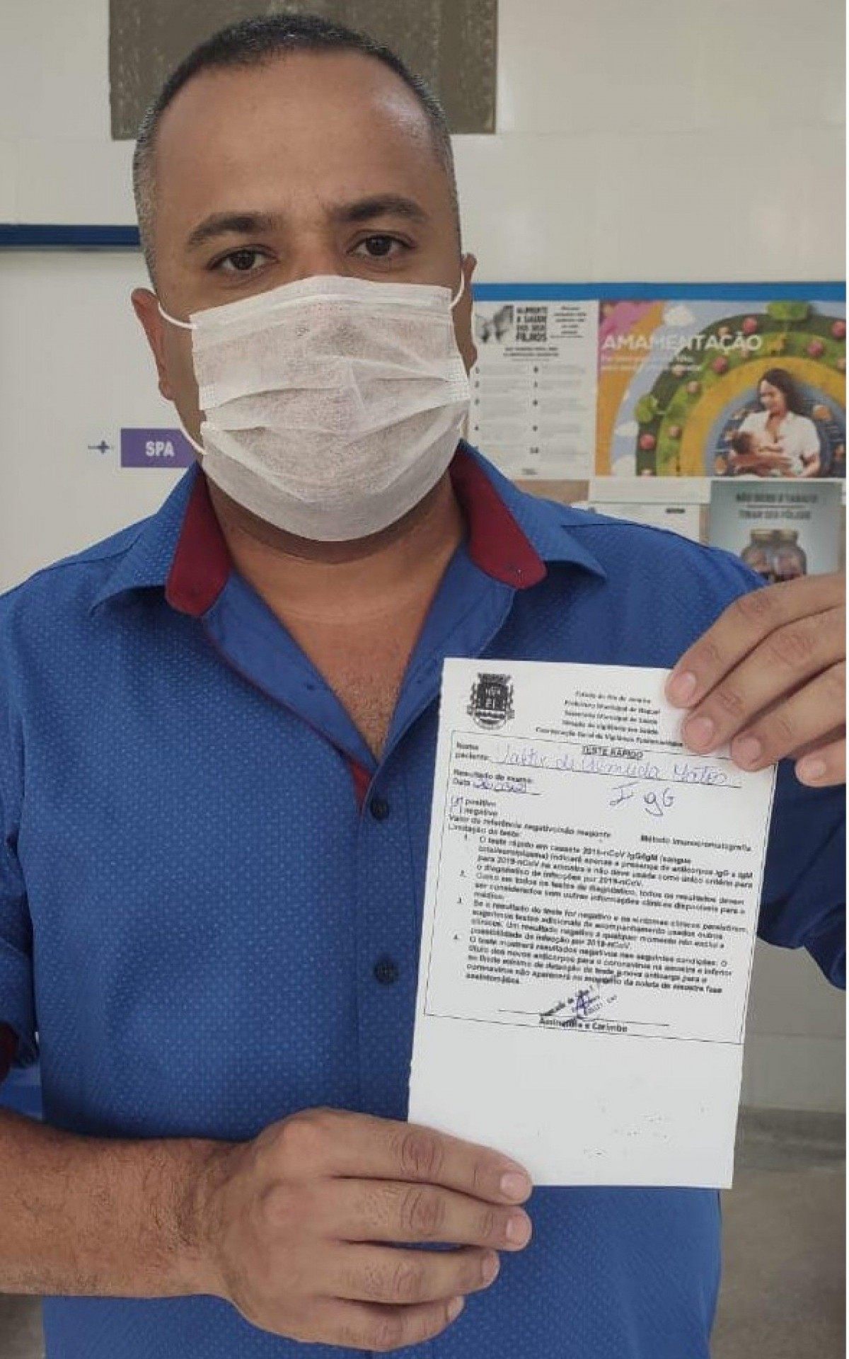 Valter Almeida mostra o resultado do exame de Covid-19: resultado deu positivo para os anticorpos, mas n&atilde;o h&aacute; explica&ccedil;&otilde;es nas postagens