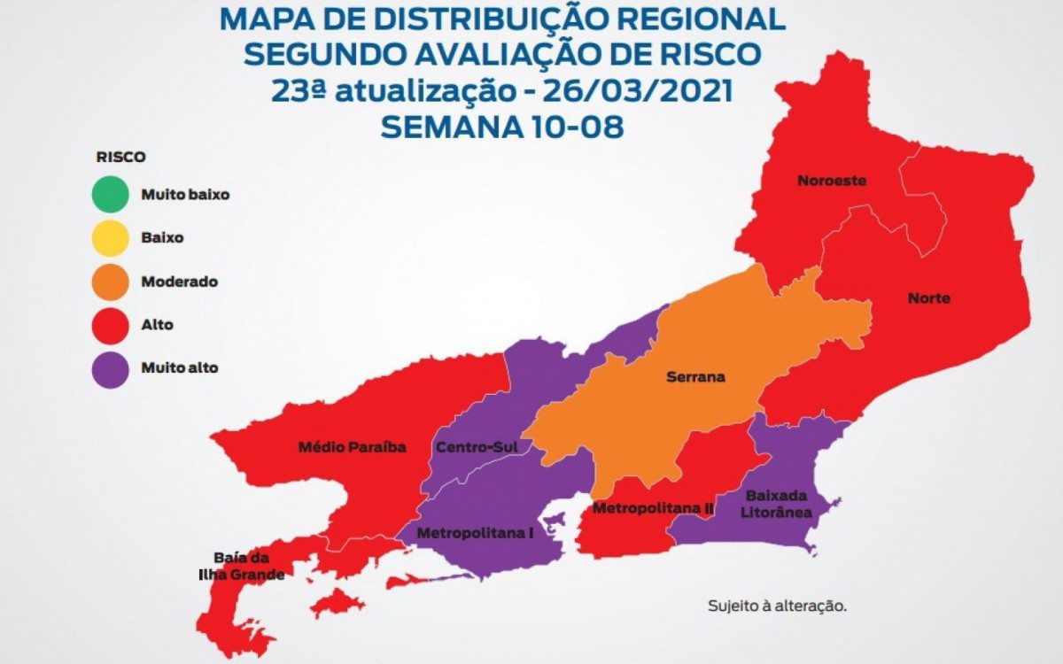 Mapa de 26/3 mostra três regiões em risco muito alto