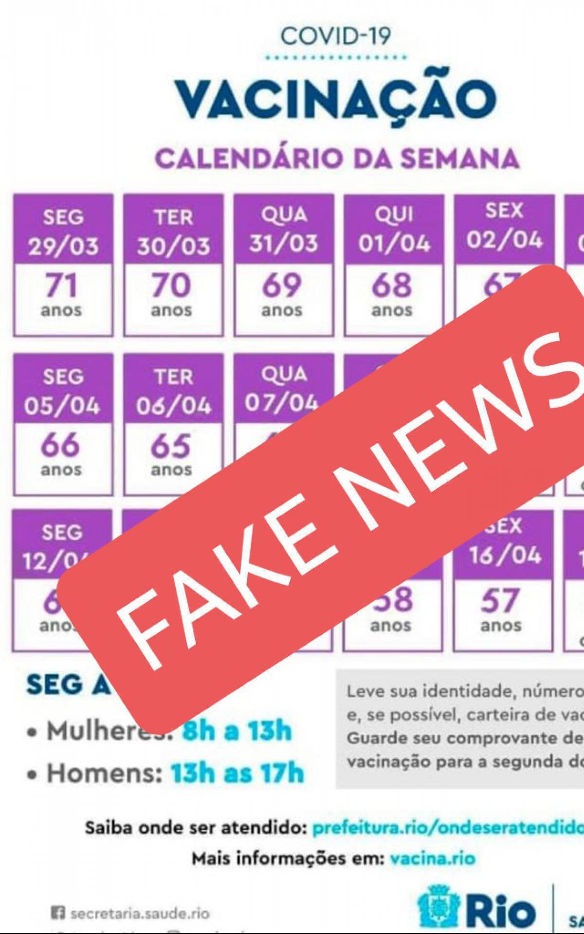 Calend&aacute;rio fake de vacina&ccedil;&atilde;o circulou nas redes sociais. Prefeitura do RIo desmentiu