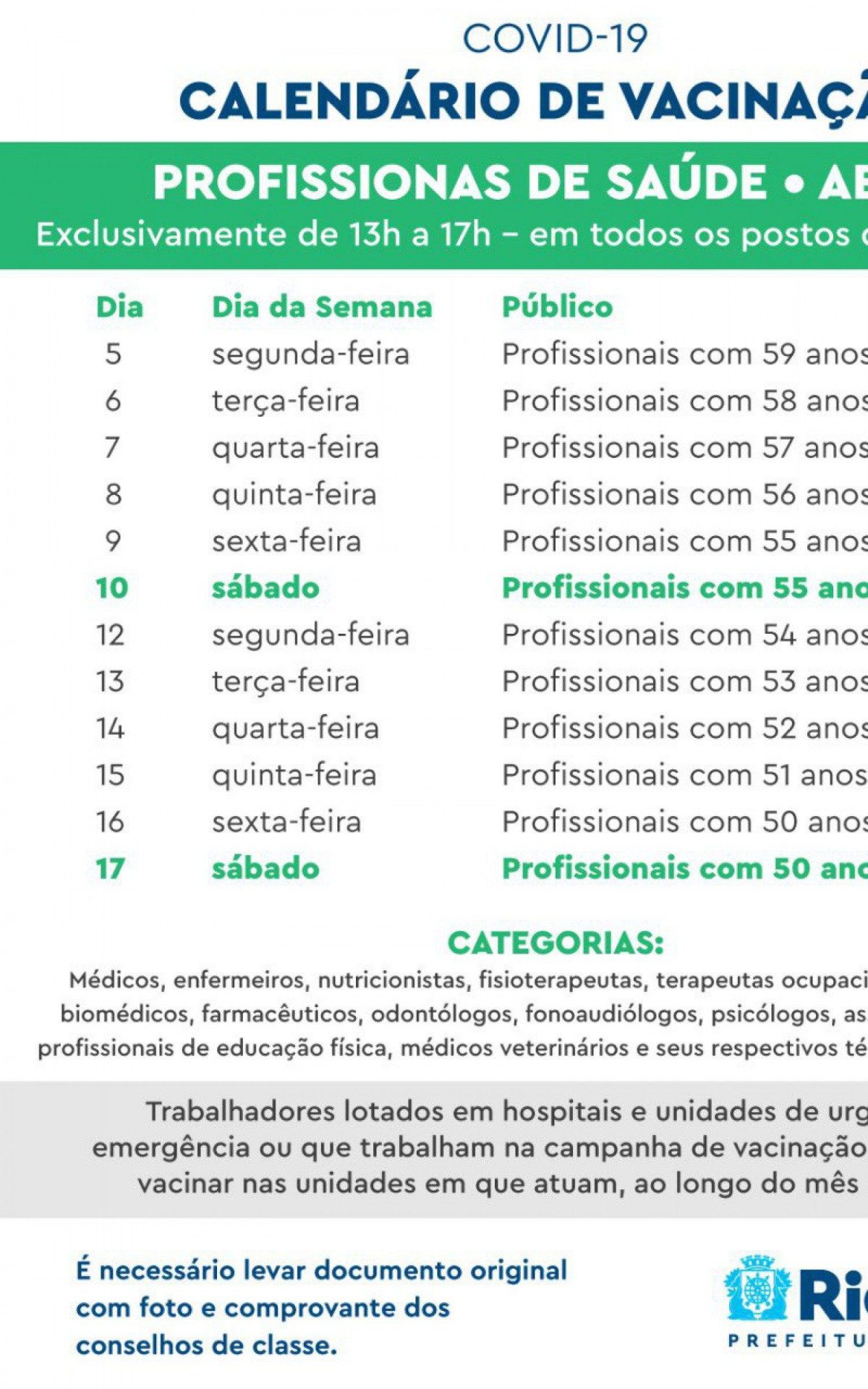 Calend&aacute;rio de vacina&ccedil;&atilde;o para profissionais da sa&uacute;de