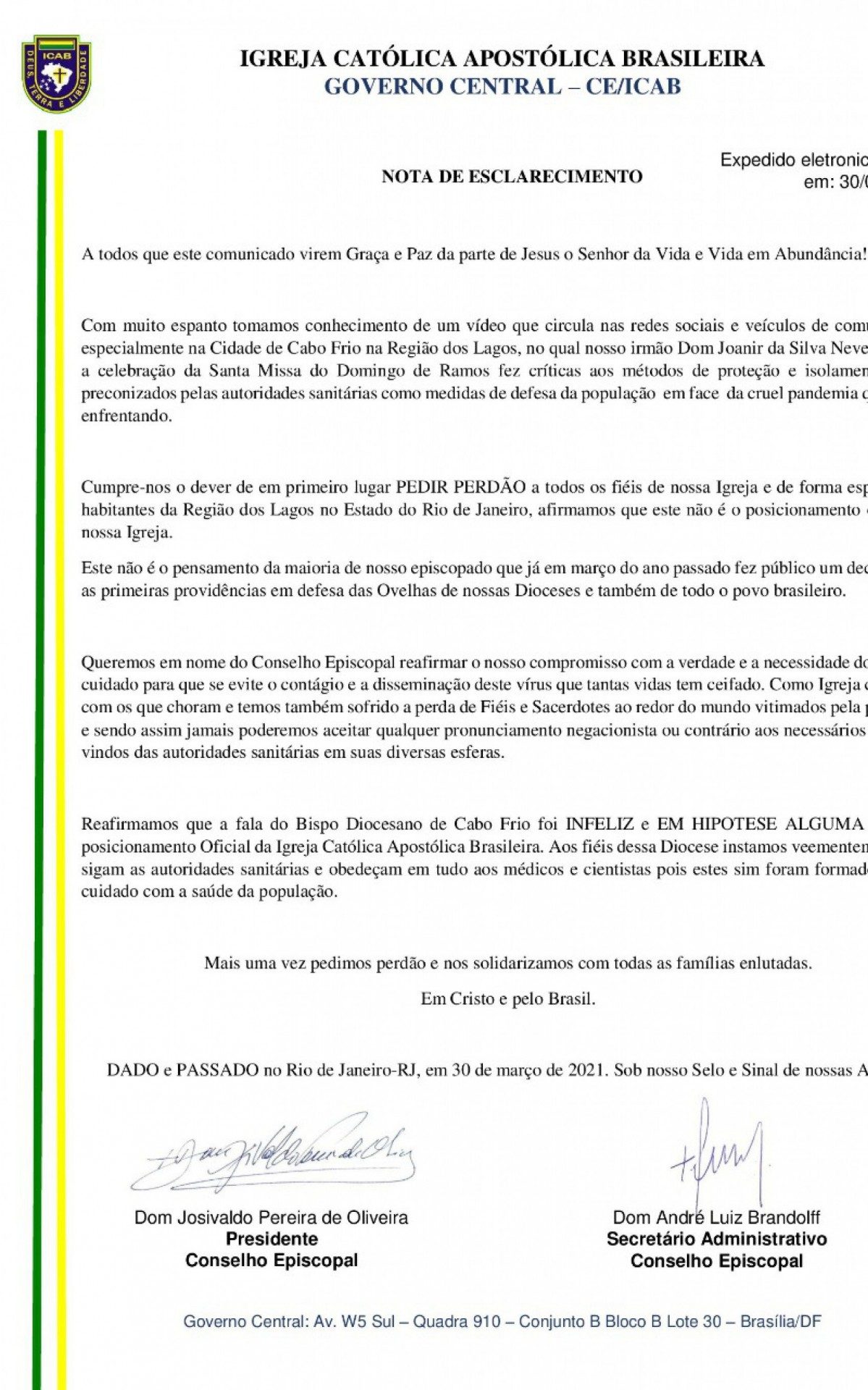 Nota Oficial do Governo Geral da Igreja Cat&oacute;lica Apost&oacute;lica Brasileira pede perd&atilde;o