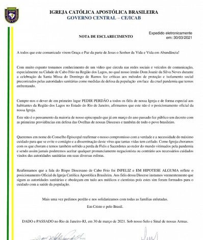 Nota Oficial do Governo Geral da Igreja Cat&oacute;lica Apost&oacute;lica Brasileira pede perd&atilde;o - Sabrina S&aacute; (RC24h)