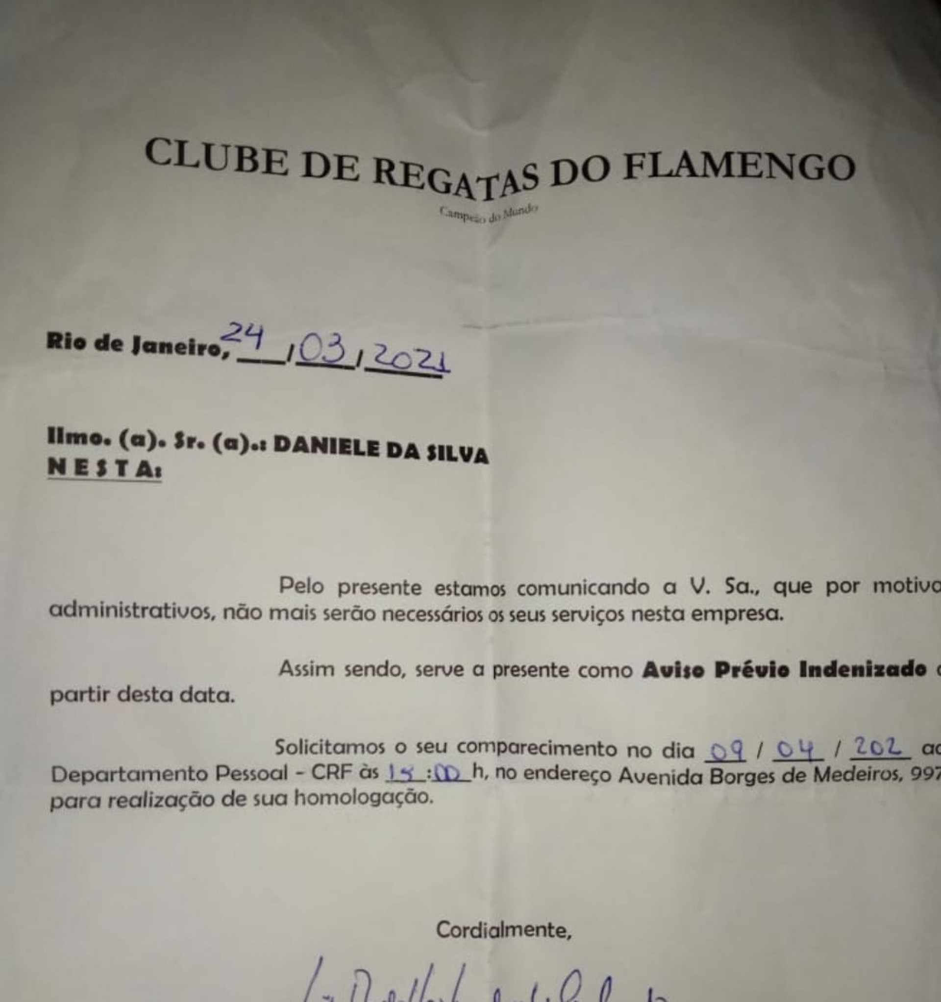 Carta enviada pelo Flamengo comunicando a demissão de Daniele  - Reprodução