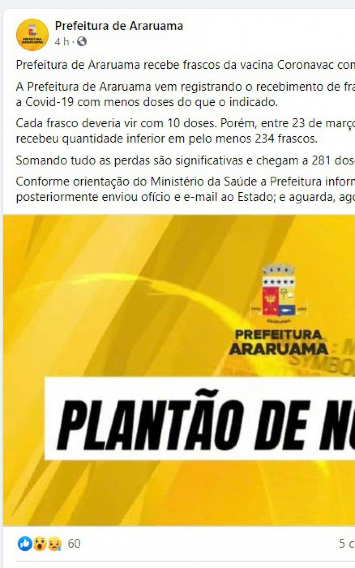 Postagem da prefeitura no Facebook