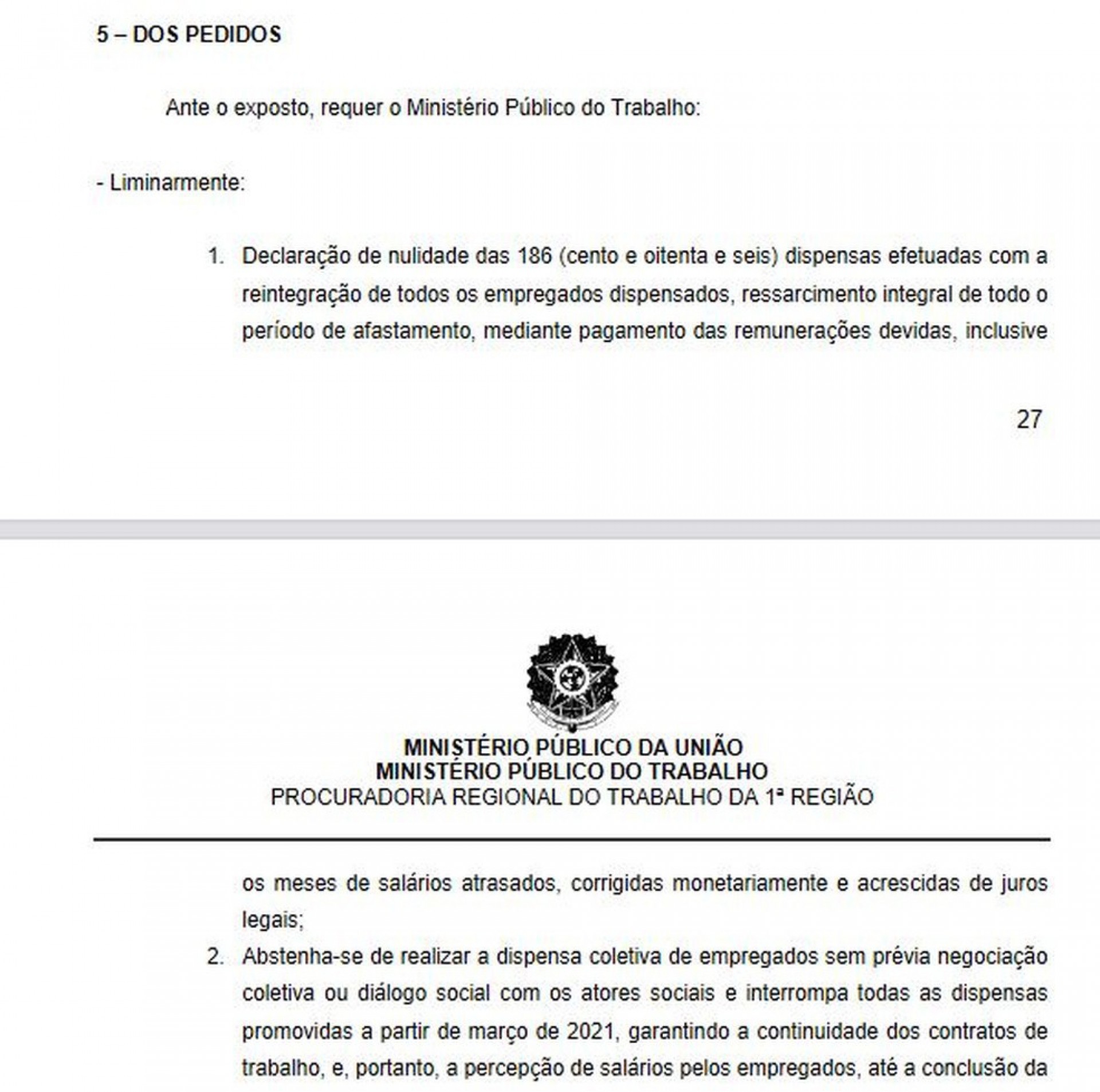 Trecho dos pedidos do MPT contra o Vasco  - Reprodução