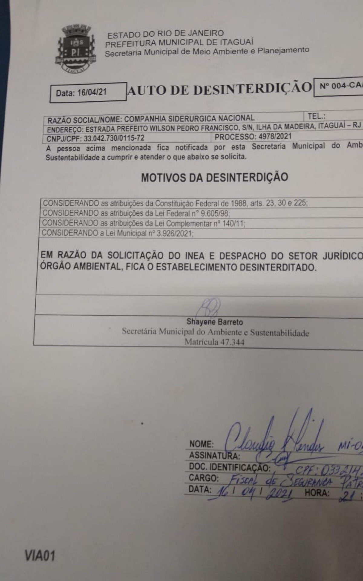 O documento que libera a CSN para operar novamente no Porto: interdi&ccedil;&atilde;o pela prefeitura n&atilde;o durou 24 horas