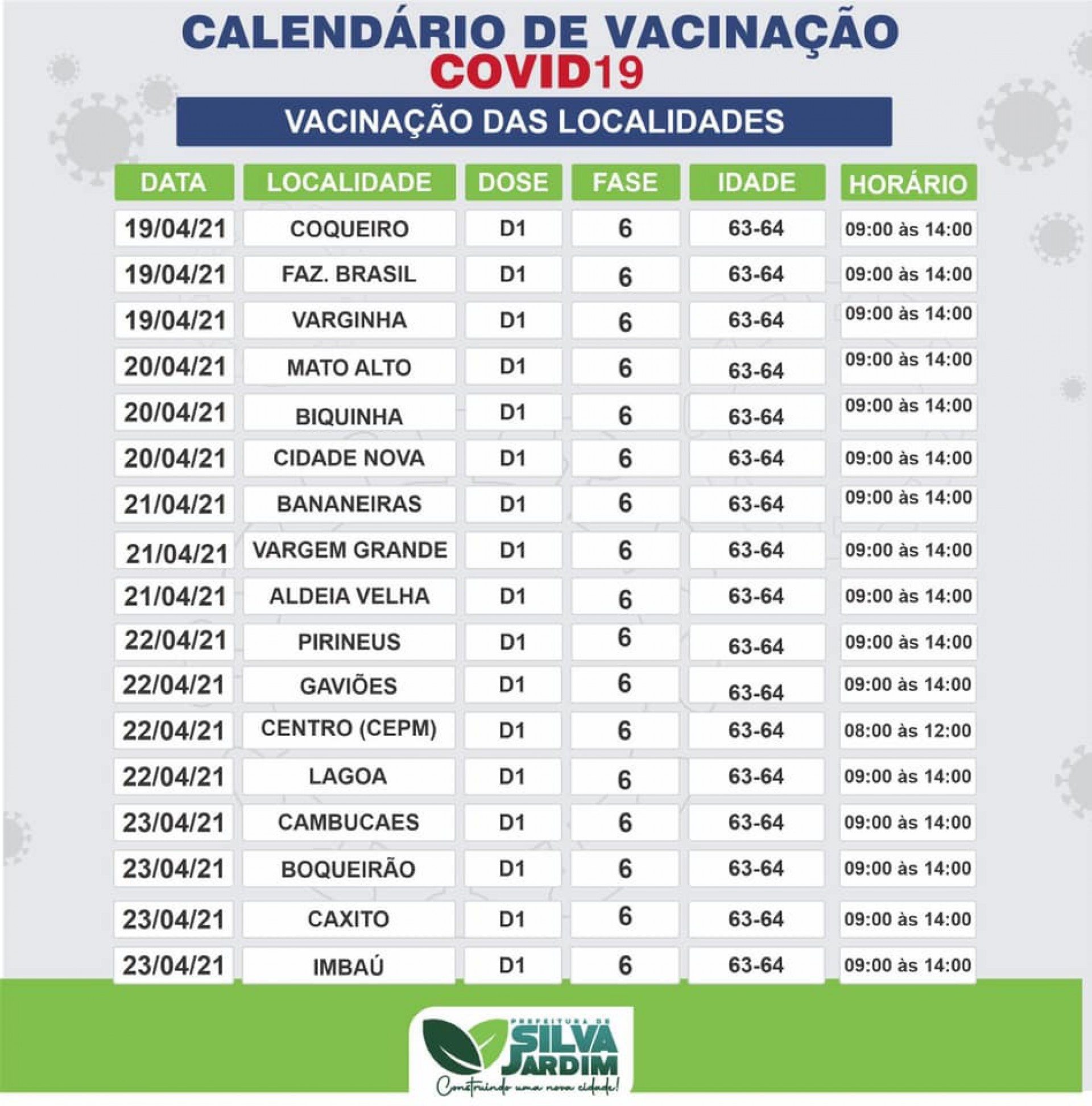 Calendário da 'Fase 6' divulgado pela Prefeitura - Foto: Divulgação