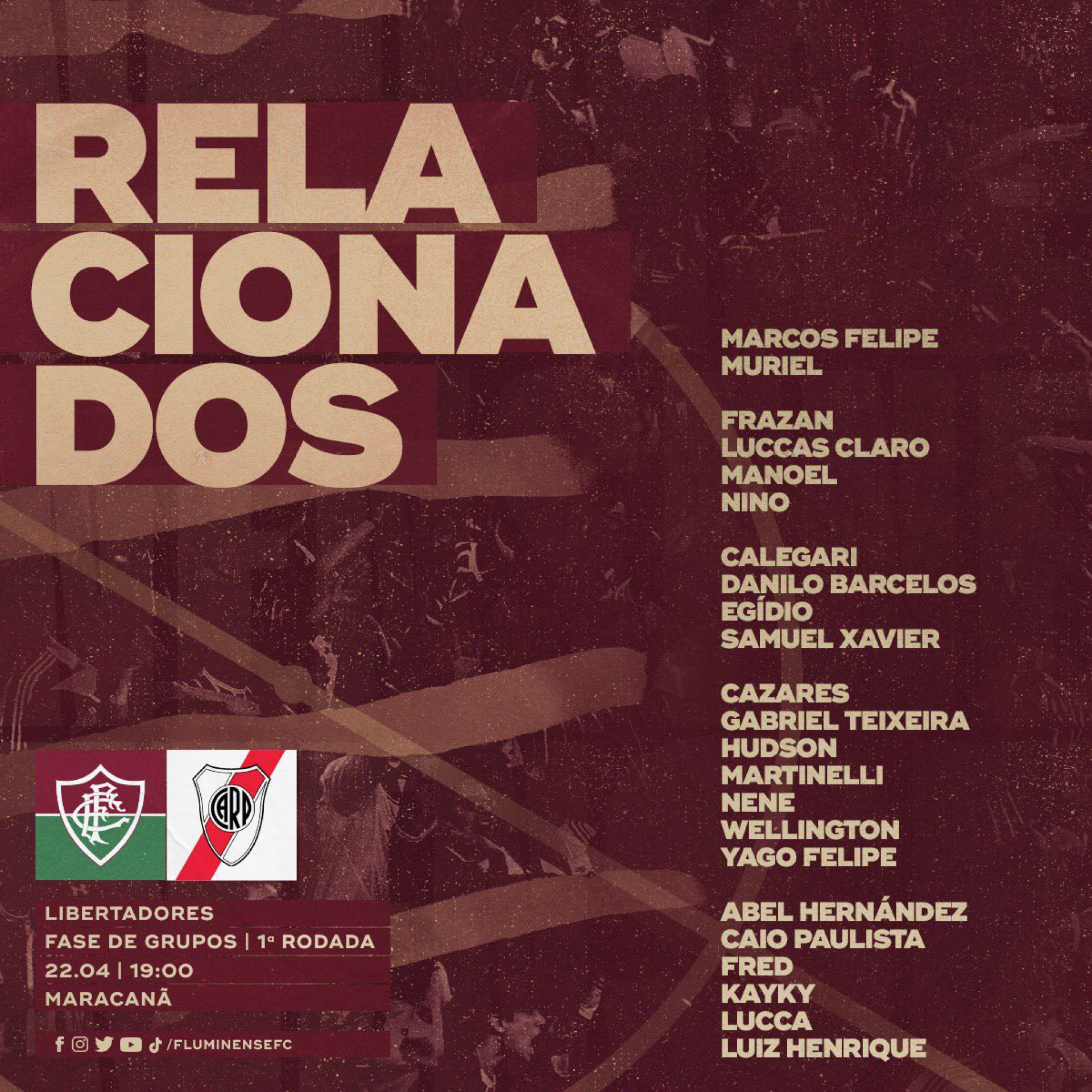 Lista de relacionados para a estreia do Fluminense na Libertadores de 2021 - Divulgação/Fluminense