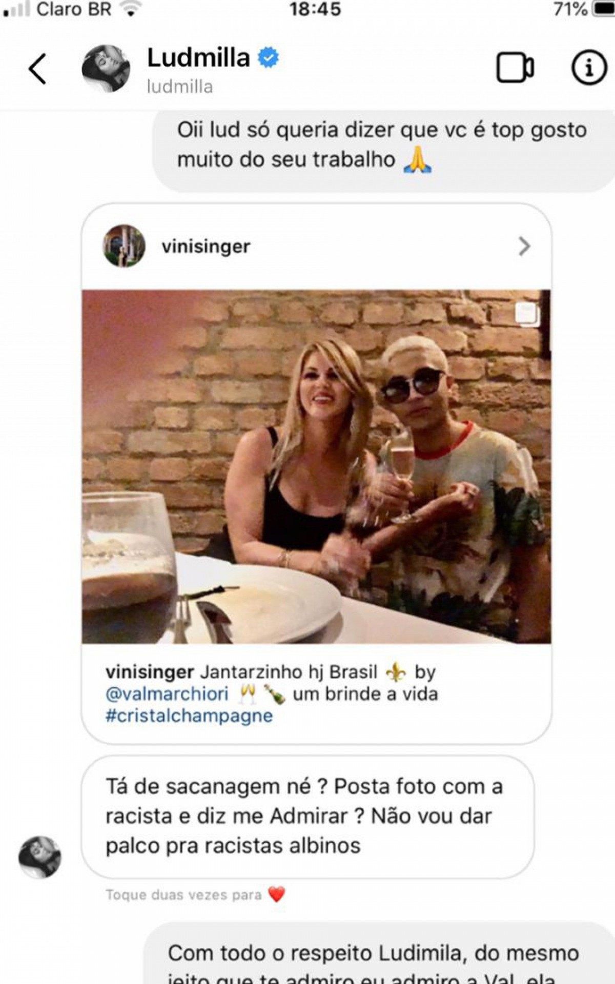 F&atilde; denuncia Ludmilla ap&oacute;s ser chamado de racista por foto com Val Marchiori