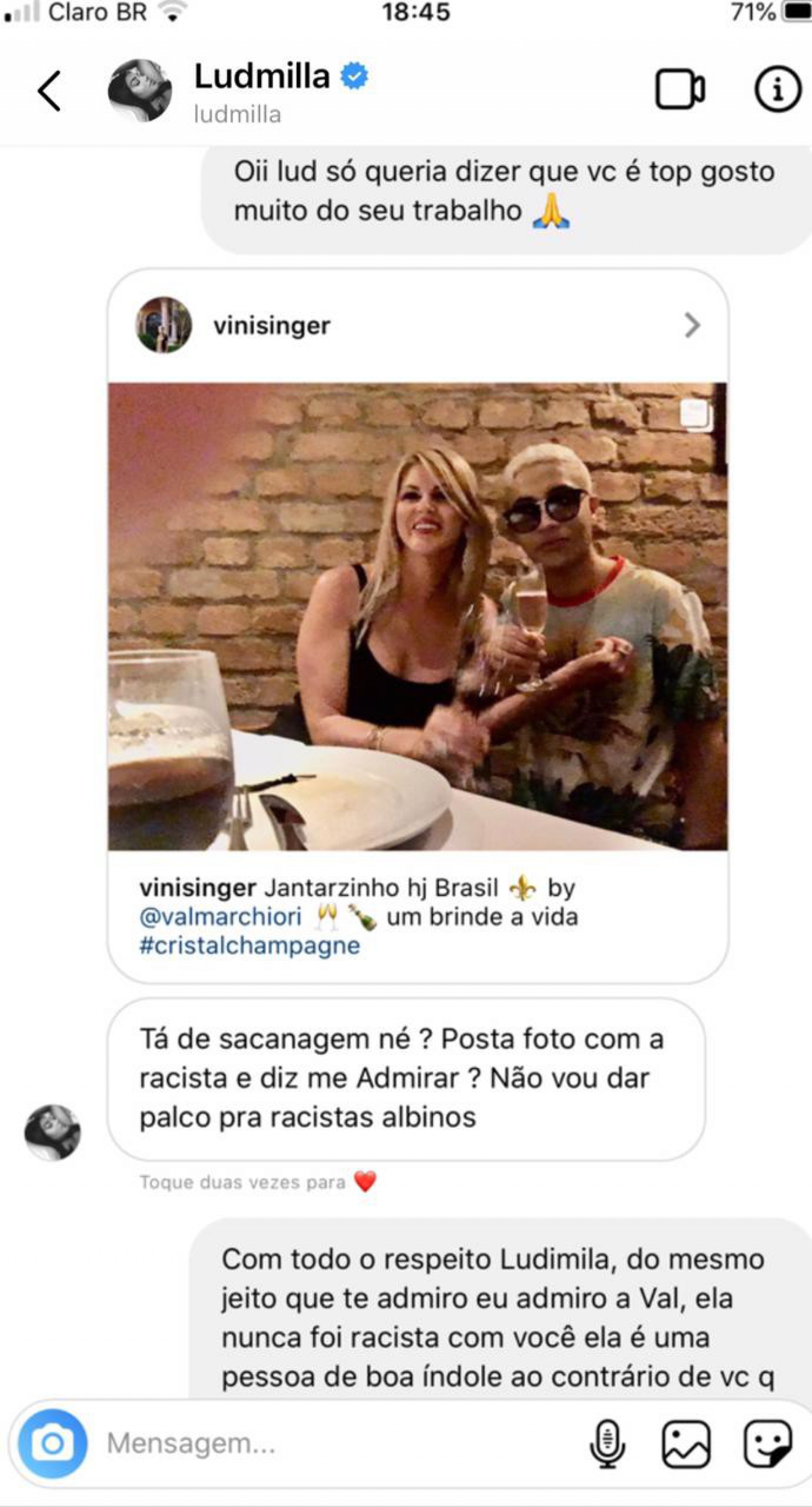 Fã denuncia Ludmilla após ser chamado de racista por foto com Val Marchiori - reprodução Instagram 