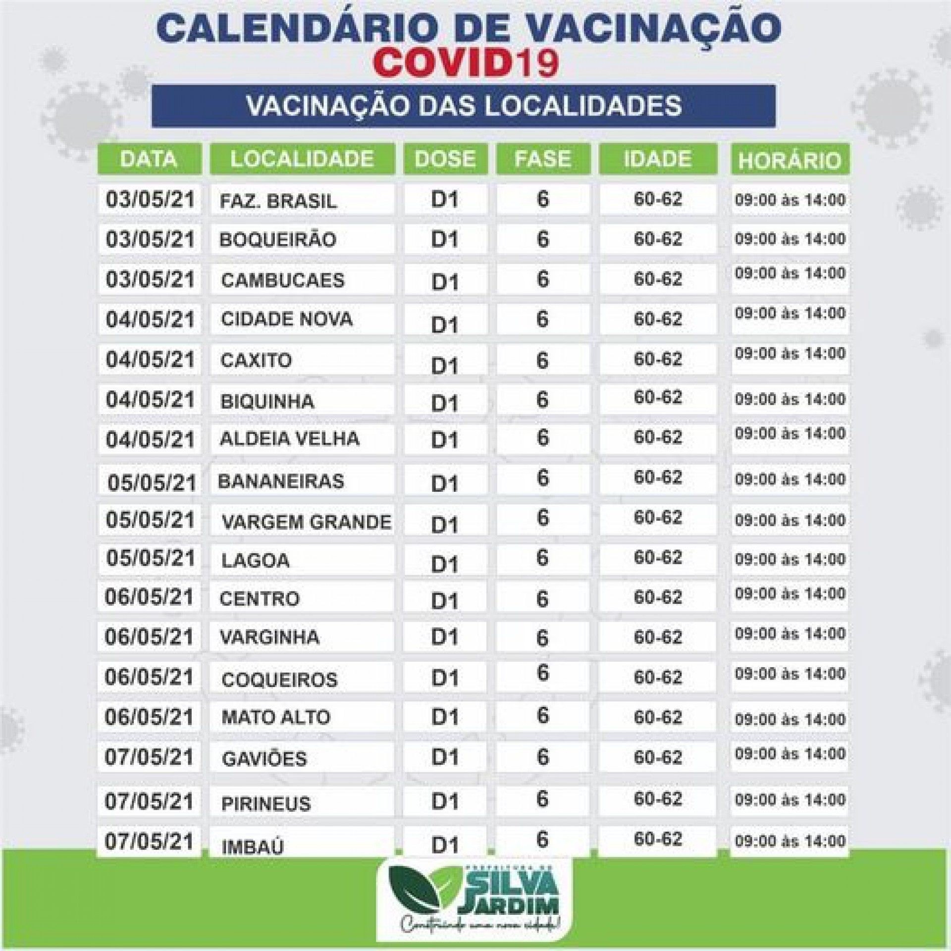Calendário da 'Fase 6' divulgado pela Prefeitura de Silva Jardim - Foto: Divulgação