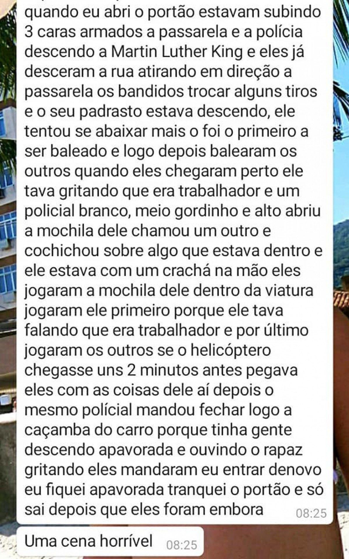 Relato de testemunha durante a morte do marceneiro Gemerson Patrício