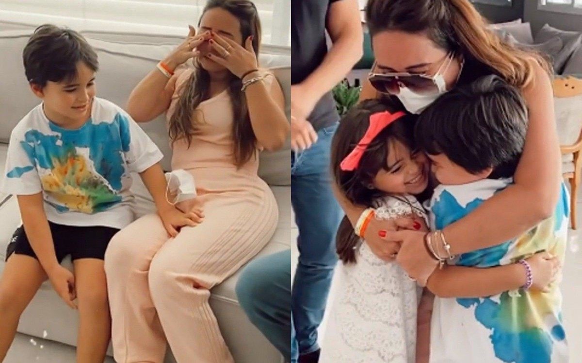 Karina Sato se emociona ao rever os filhos ap&oacute;s alta hospitalar