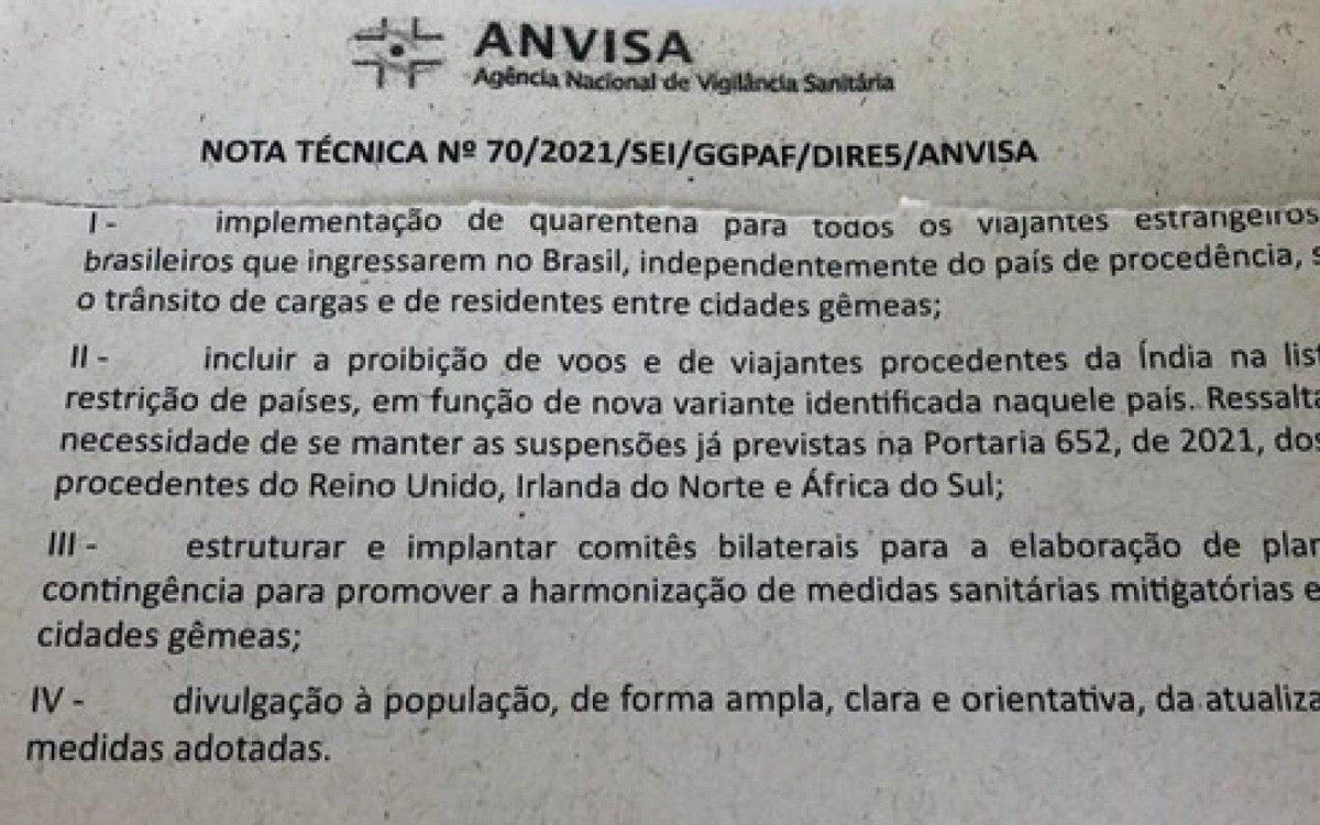 A nota foi enviada ao Comit&ecirc; de Crise para a Supervis&atilde;o e Monitoramento dos Impactos da Covid-19, administrado pelo ministro da Casa Civil, Luiz Eduardo Ramos