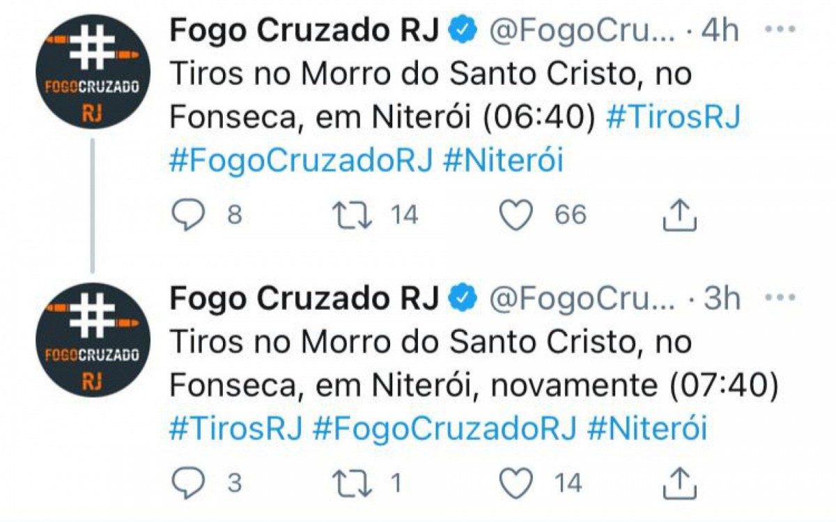 No twitter, a plataforma Fogo Cruzado registrou o tiroteio no Fonseca e moradores disseram que ainda continuava  - Reprodução internet 