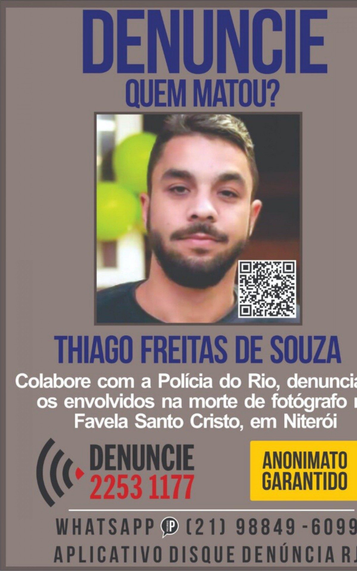 Cartaz com a foto de Thiago e n&uacute;mero para den&uacute;ncias