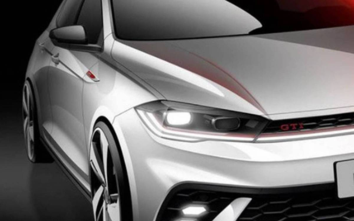 VW Polo GTI 2022: desenho mostra grade frontal com filete de LED e far&oacute;is de neblina com mesmo formato das aberturas de ar
