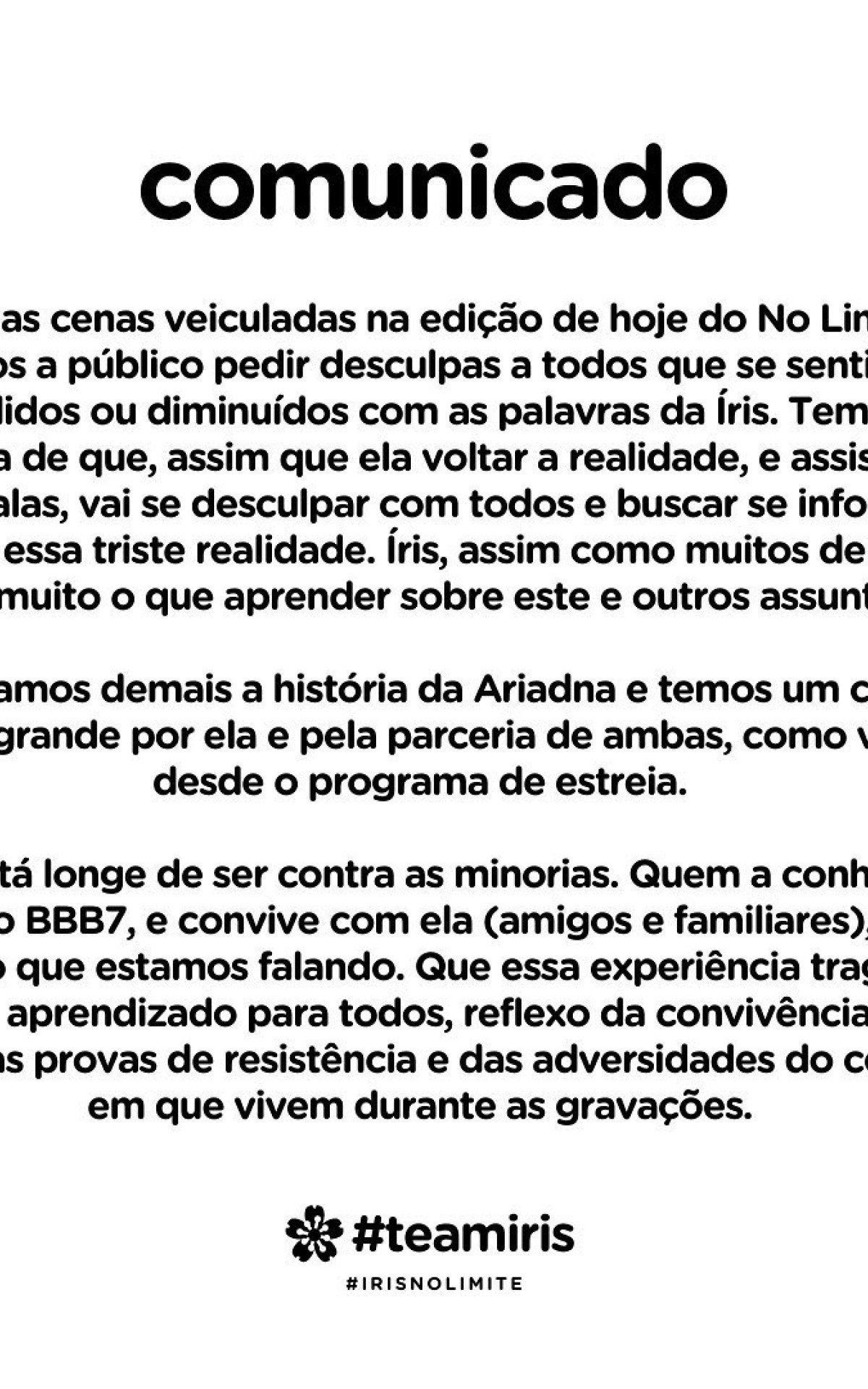 Equipe de Íris faz comunicado