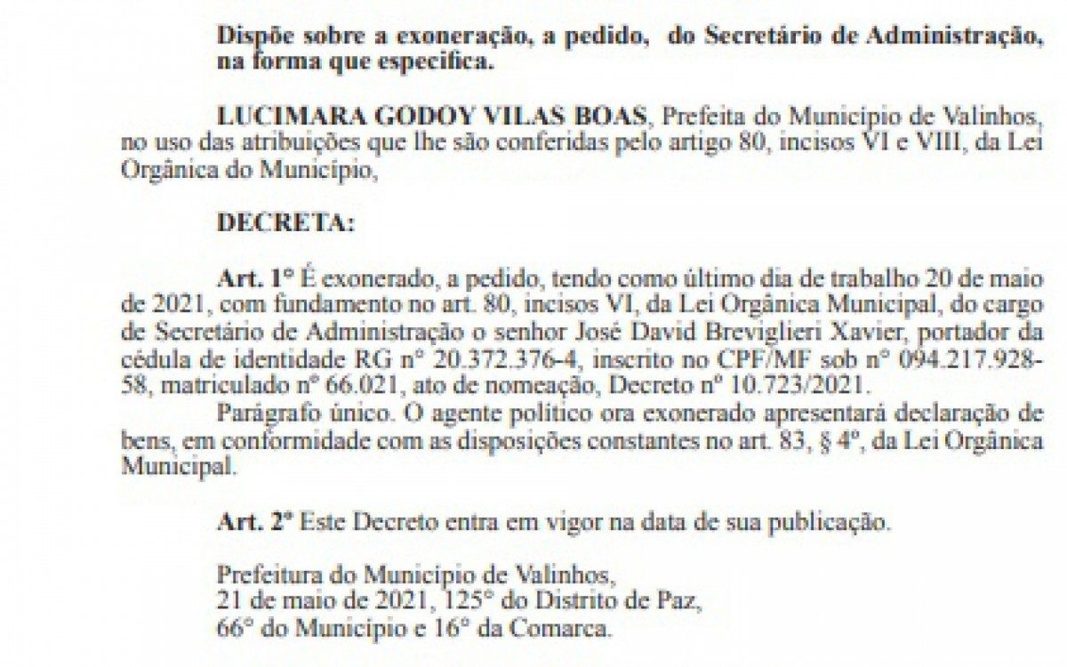 Exoneração de José David Xavier