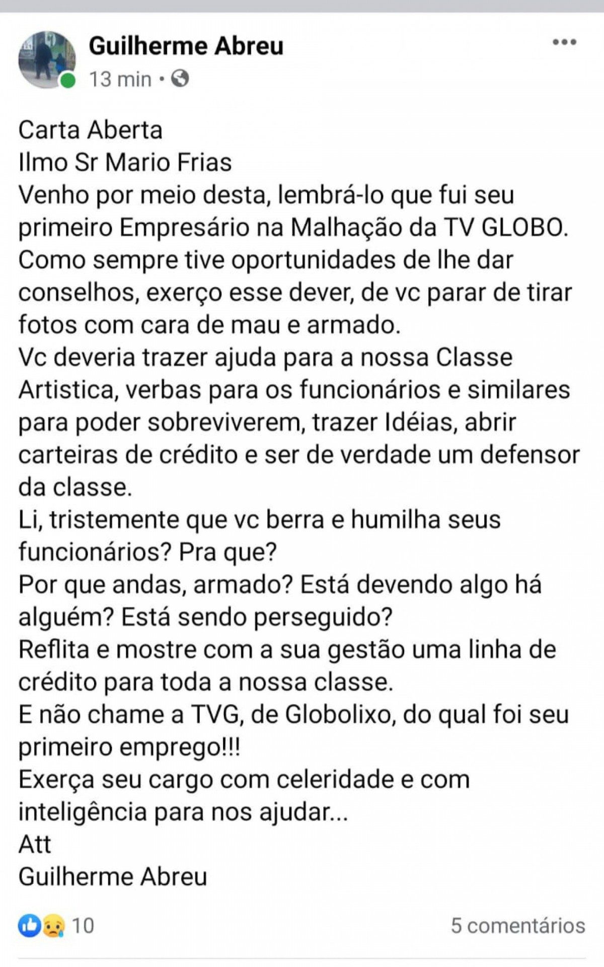 Guilherme Abreu faz carta aberta para Mário Frias