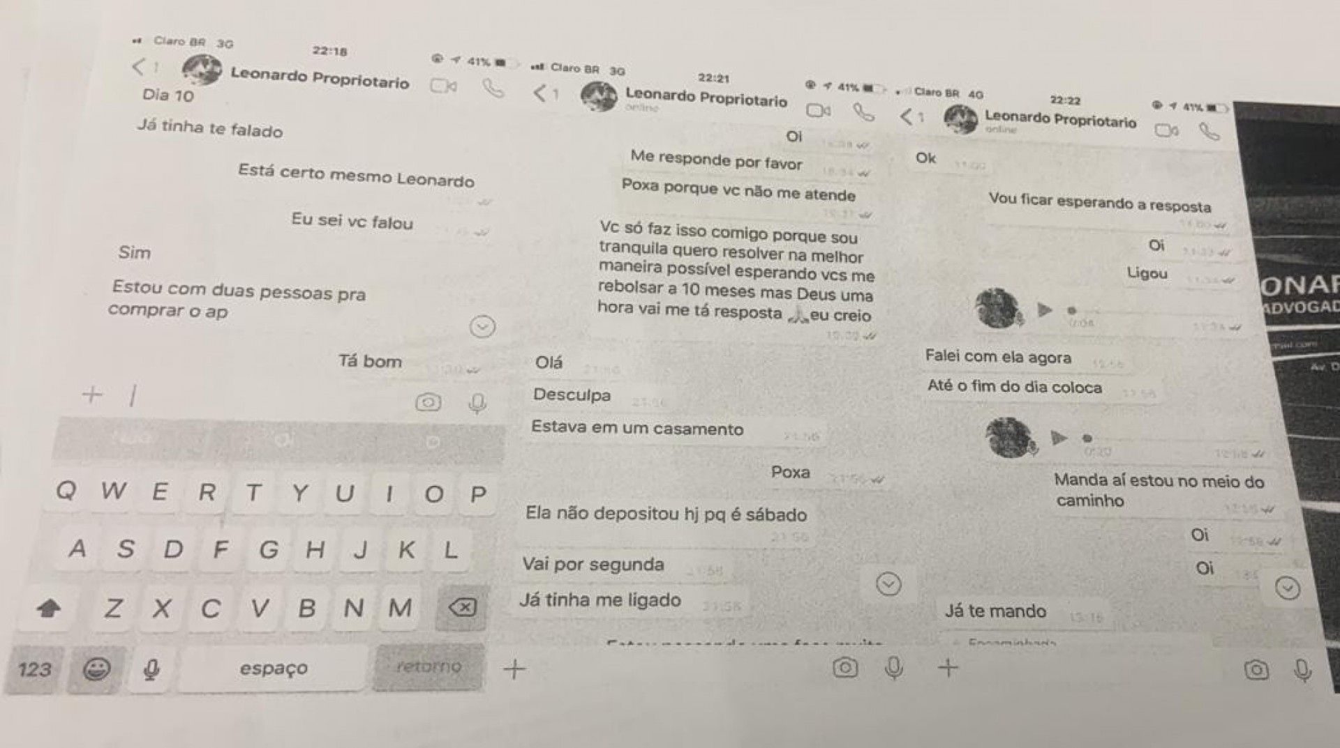 Conversas entre Leonardo Guttemberg e Sabrina: a compradora do imóvel raramente era respondida - ARQUIVO PESSOAL