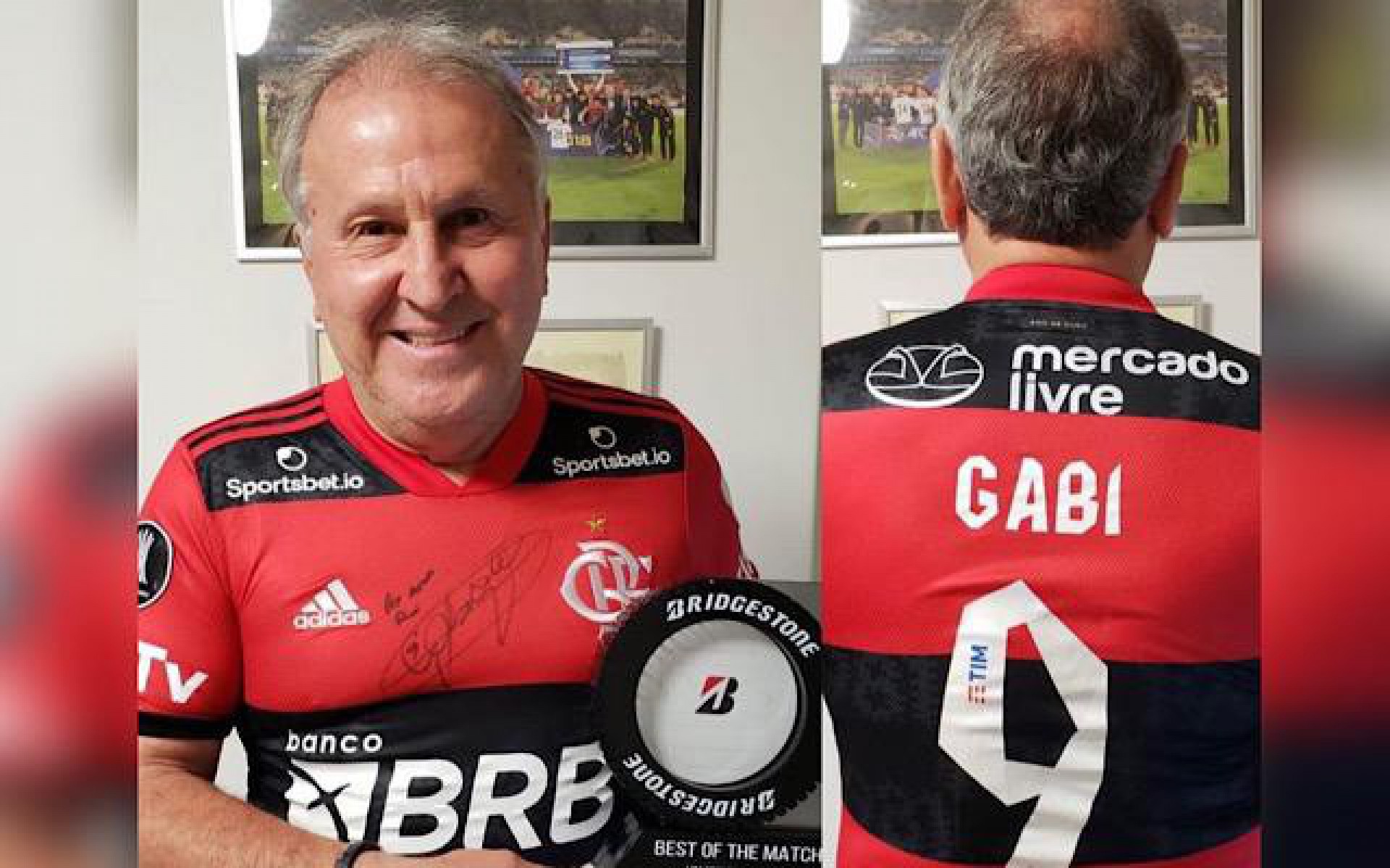 Zico recebe trof&eacute;u e camisa de Gabigol ap&oacute;s ter marca superada na Libertadores