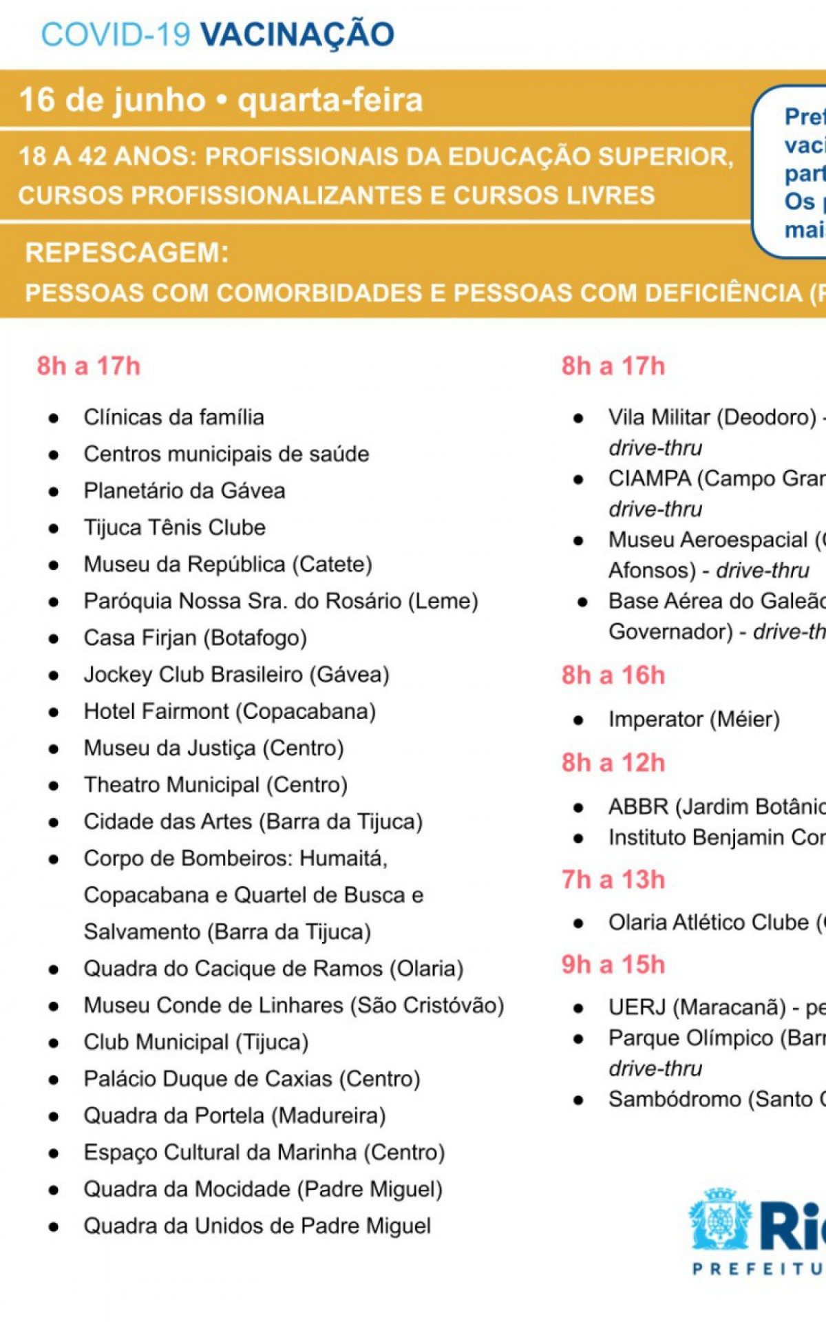 Calendário de vacinação contra a covid-19 - Foto: Reprodução / Prefeitura do Rio