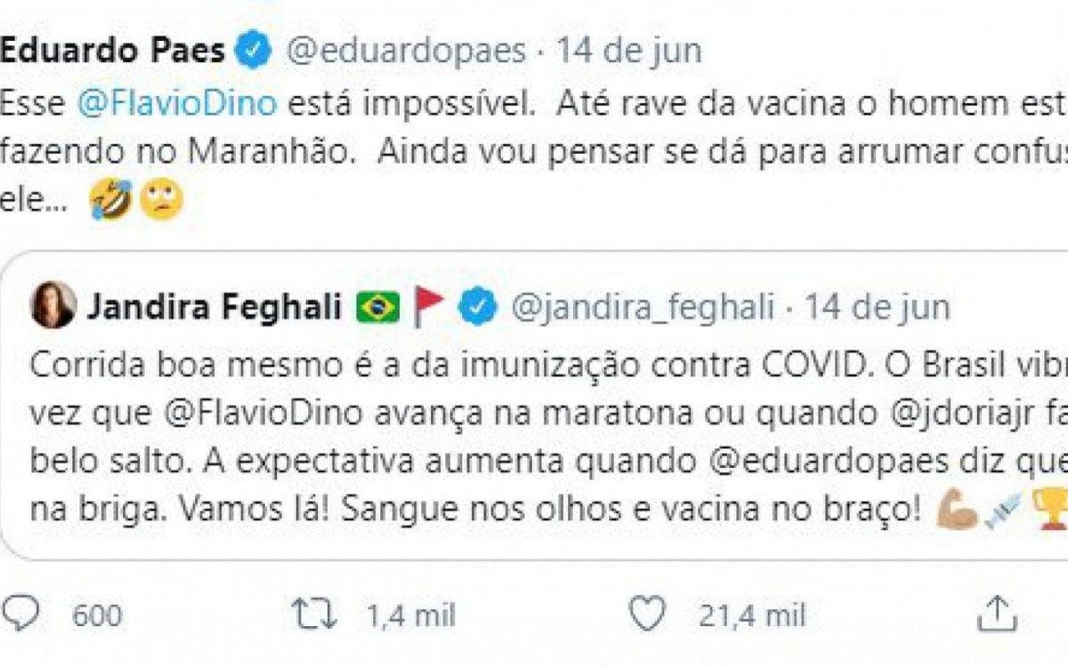 Prefeito do Rio, Eduardo Paes, entrou na brincadeira de quem vacina primeiro e marcou o governador do Maranhão, Flavio Dino, em publicação - Reprodução / Twitter