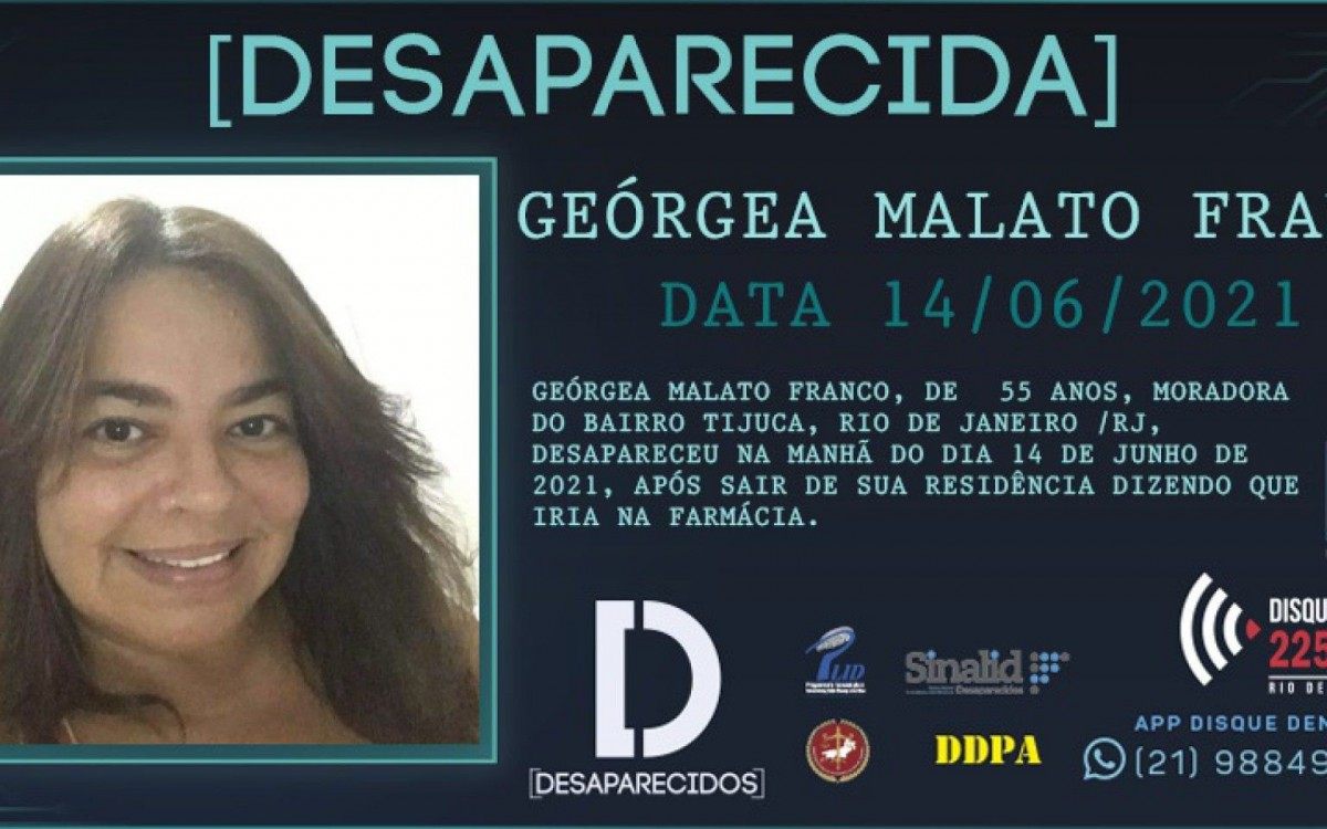Disque Den&uacute;ncia lan&ccedil;a cartaz de Ge&oacute;rgea Malato Franco, de 55 anos, desaparecida na manh&atilde; do dia 14 de junho de 2021, ap&oacute;s sair de sua casa dizendo que iria &agrave; farm&aacute;cia