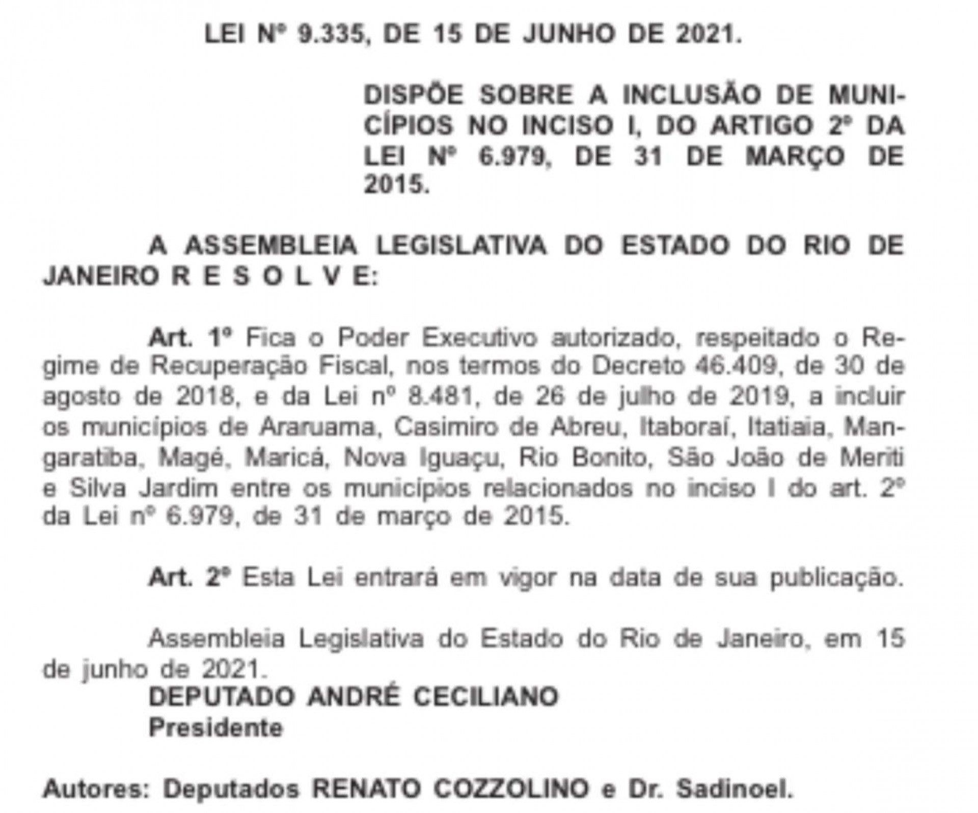 Publicação no Diário Oficial da Lei 9.335/2021, que amplia o regime tributário especial de ICMS para 11 municípios, incluindo São João de Meriti - Reprodução