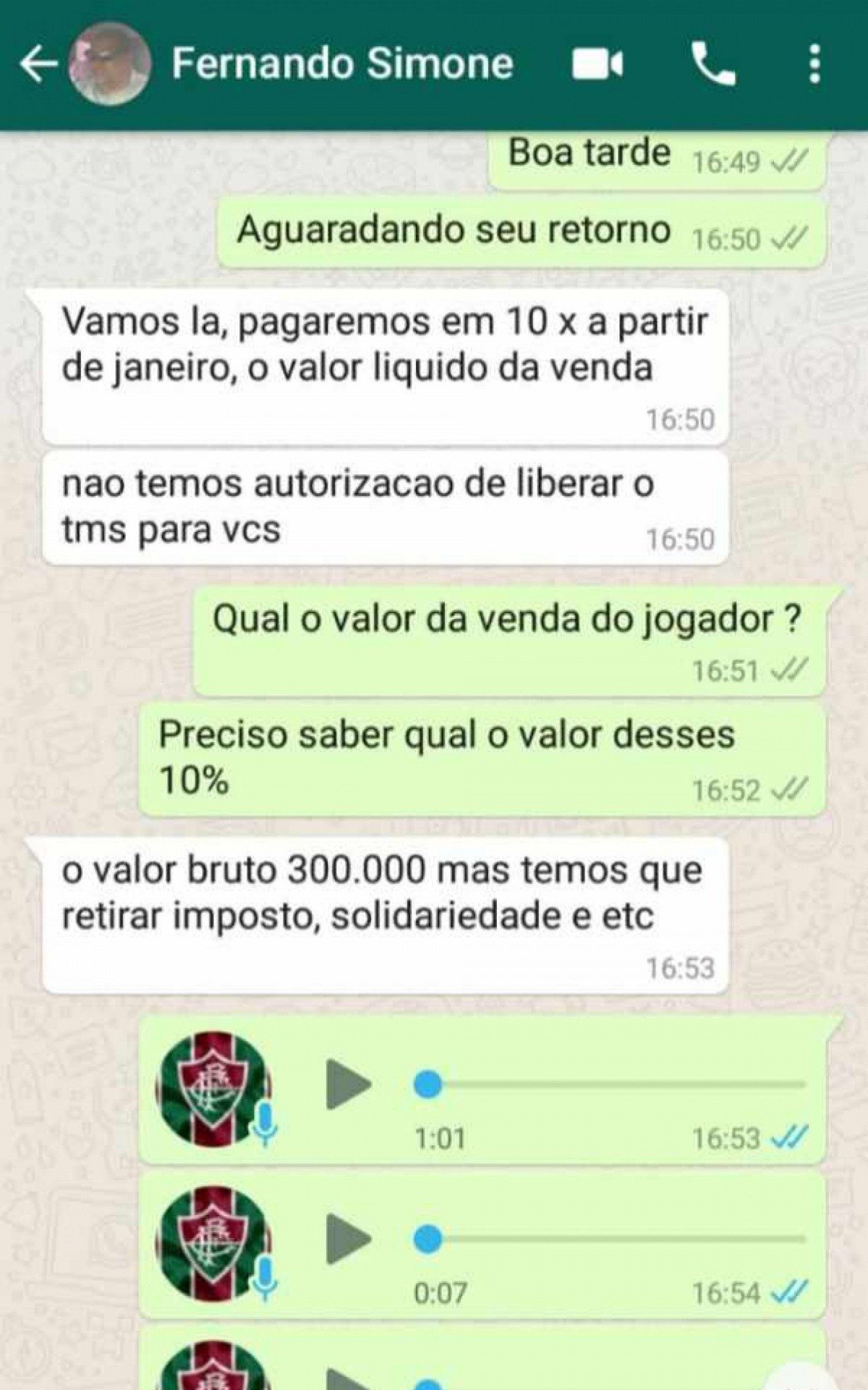 Trecho da conversa entre o CEO Fernando Simone e o representante legal dos Guerreirinhos