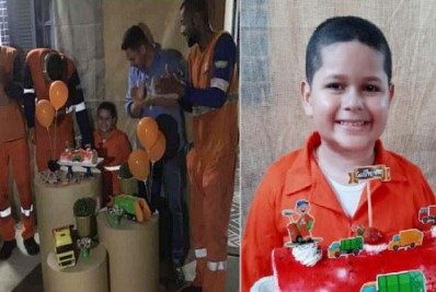 Em Campos, menino de 6 anos escolhe garis como tema de aniversário