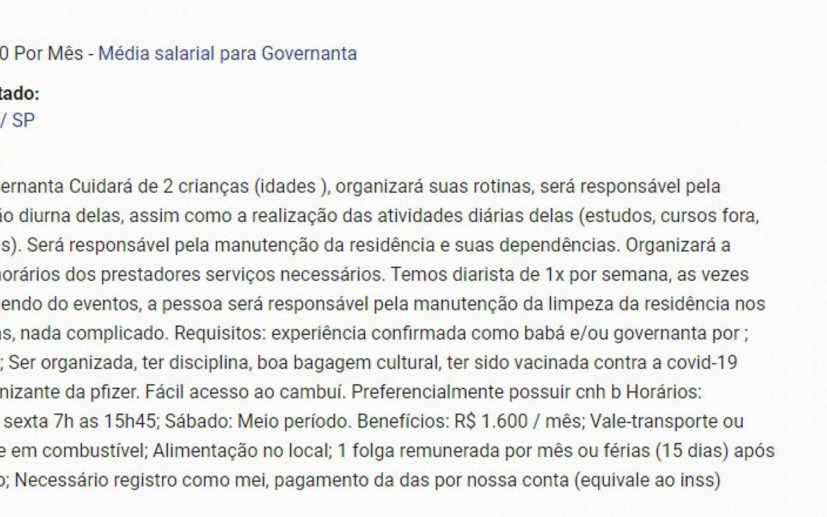 Anúncio de emprego exige que candidato tenha sido imunizado com dose da Pfizer