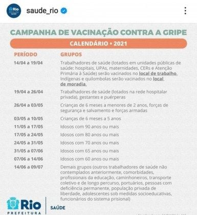 Calendário de vacinação contra gripe no Rio. - Divulgação