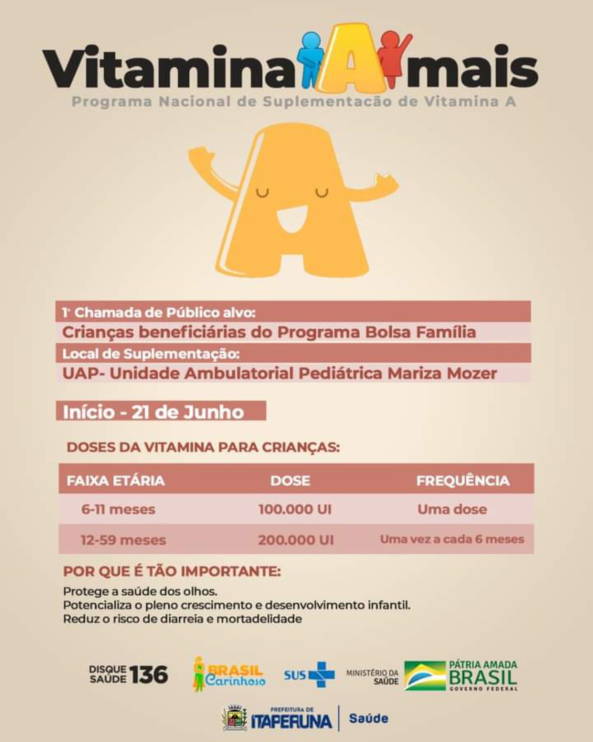 Em Itaperuna, benefici&aacute;rios do Bolsa Fam&iacute;lia s&atilde;o convocados para suplementa&ccedil;&atilde;o de vitamina A