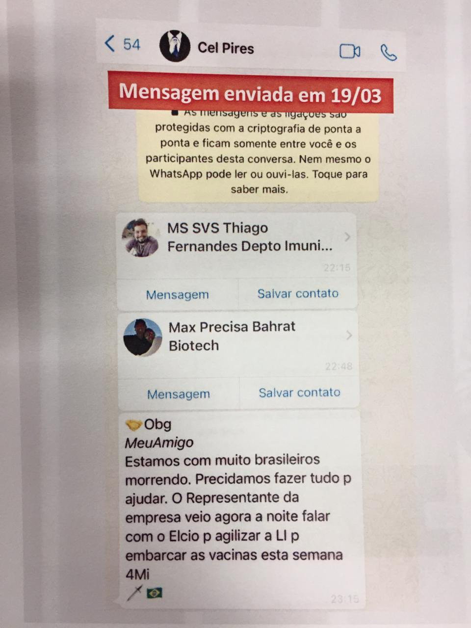 Em depoimento &agrave; CPI, Luis Ricardo exibiu mensagens que recebeu de superiores sobre a Covaxin
 - Reprodu&ccedil;&atilde;o/Twitter
