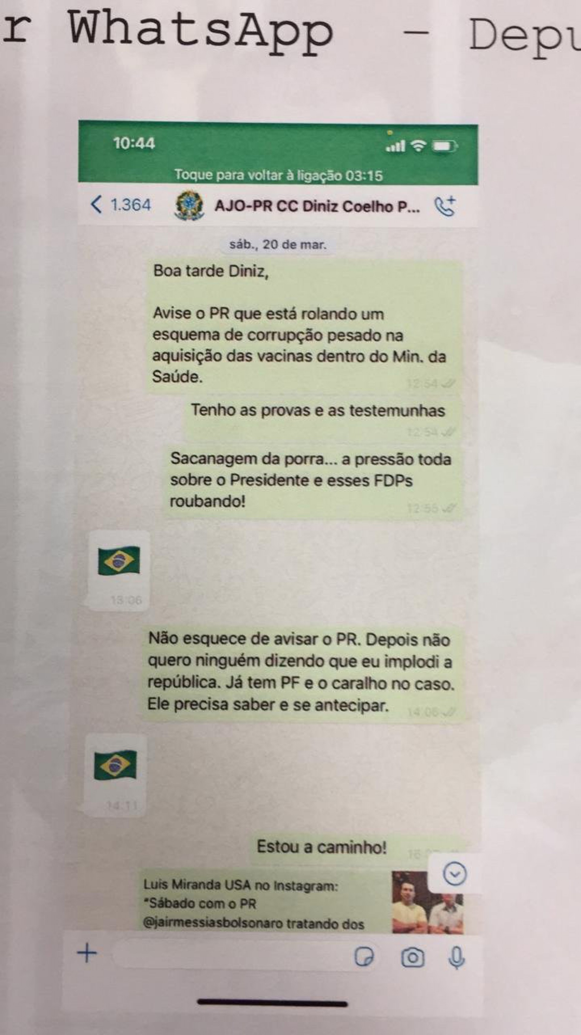 Em depoimento à CPI da Covid, Luis Ricardo exibiu mensagens que recebeu de superiores sobre a Covaxin - Reprodução/Twitter