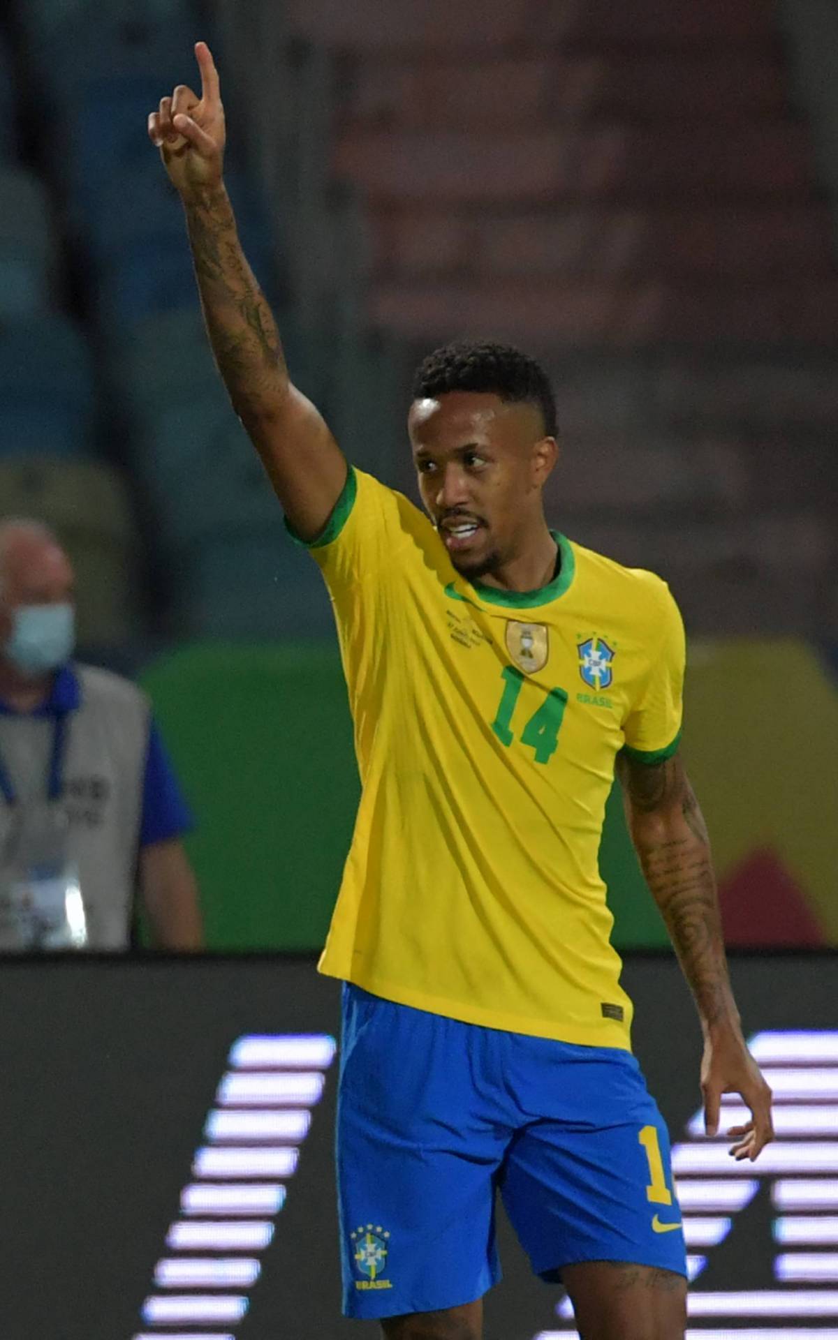 Brazil's Eder Militao celebrates after scoring against Ecuador during the Conmebol Copa America 2021 football tournament group phase match at the Olympic Stadium in Goiania, Brazil, on June 27, 2021. (Photo by NELSON ALMEIDA / AFP) - AFP