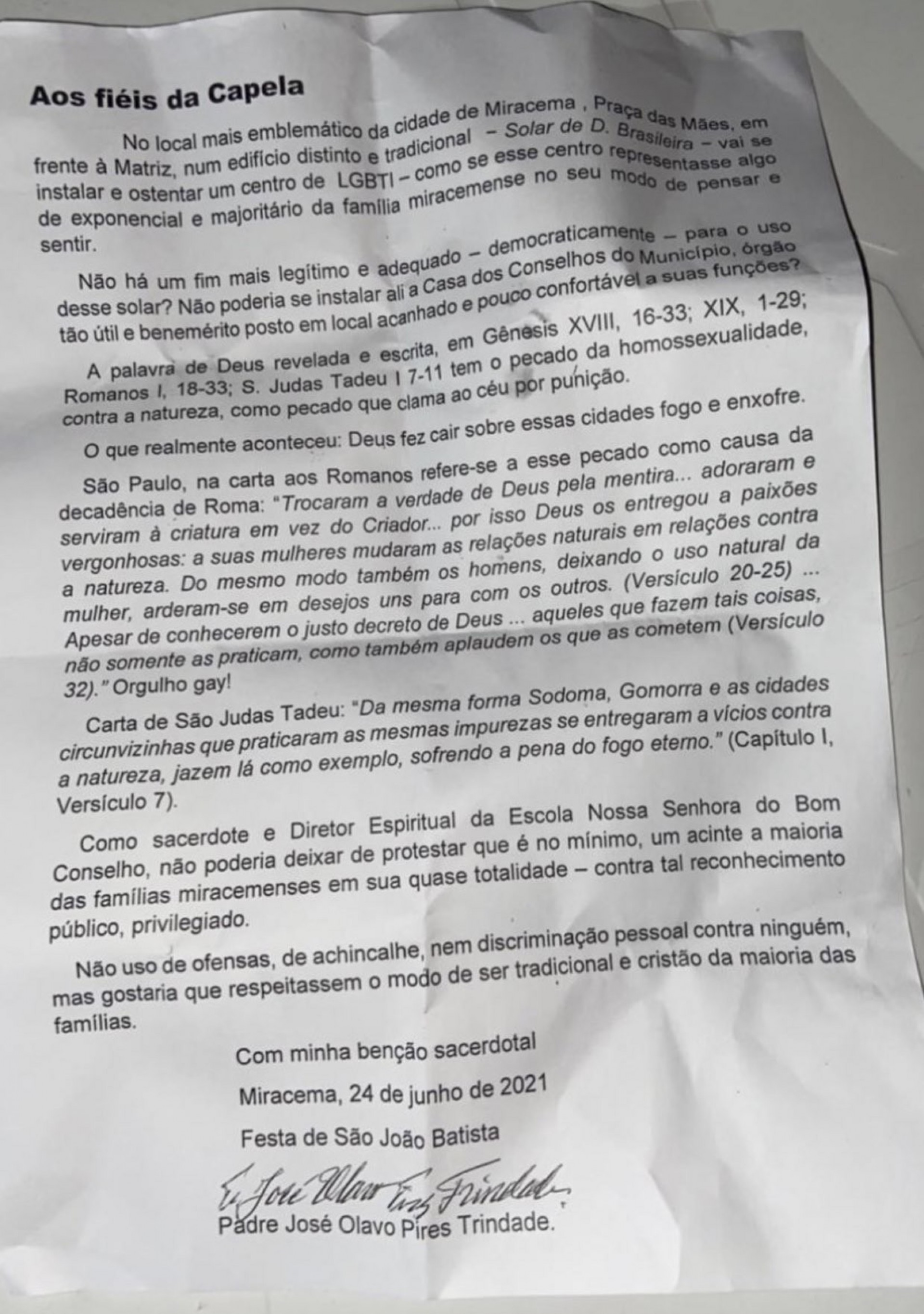 Padre de Miracema escreve carta contra a criação de Centro LGBTQIA+ na cidade