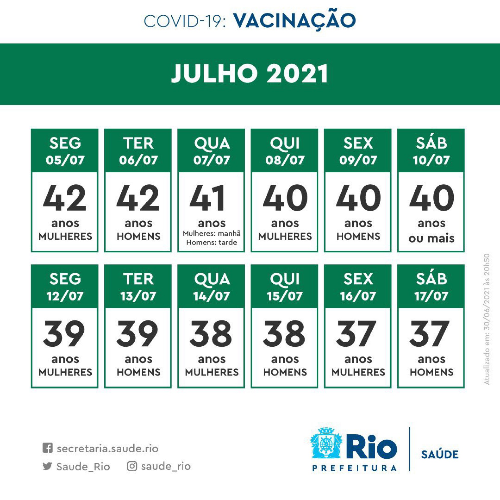 Calendário de vacinação na cidade do Rio a partir do dia 5 de julho - REPRODUÇÃO TWITTER