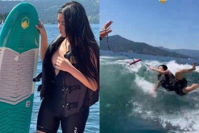 Kim Kardashian leva 'caldo' ao praticar esporte aquático