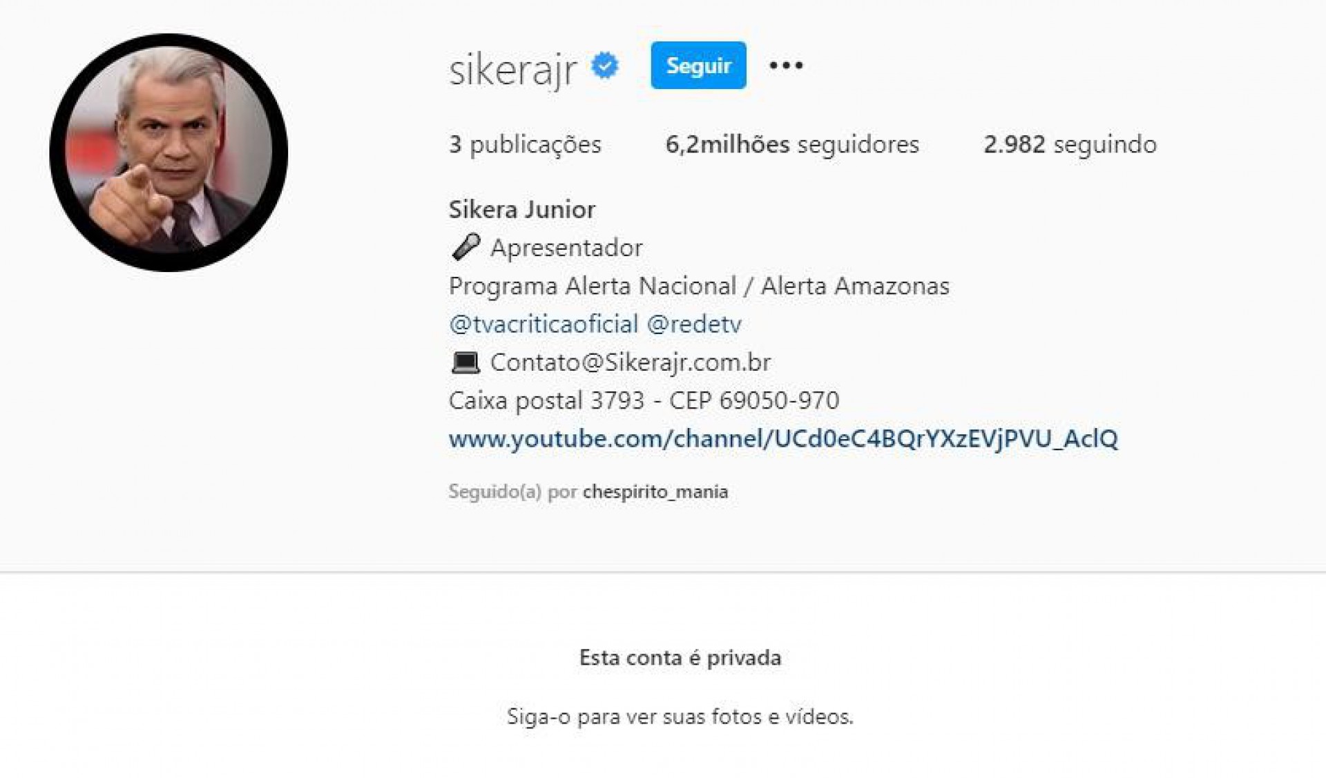 Sikêra Jr. retorna ao Instagram com perfil restrito - Reprodução