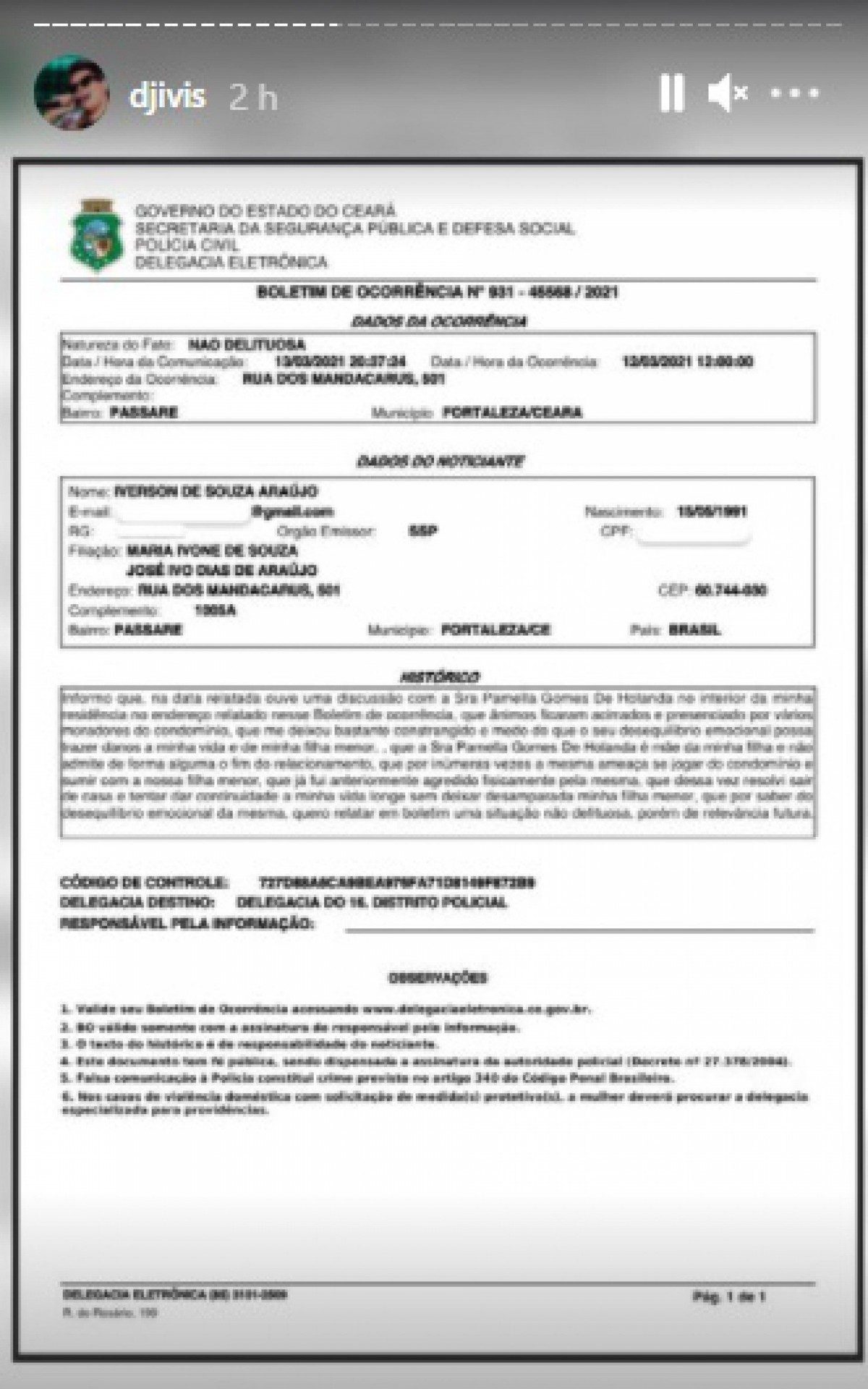 Post de agress&otilde;es de DJ Ivis