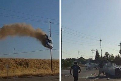 Vídeo: carro 'voa', atravessa morro e tomba em rodovia