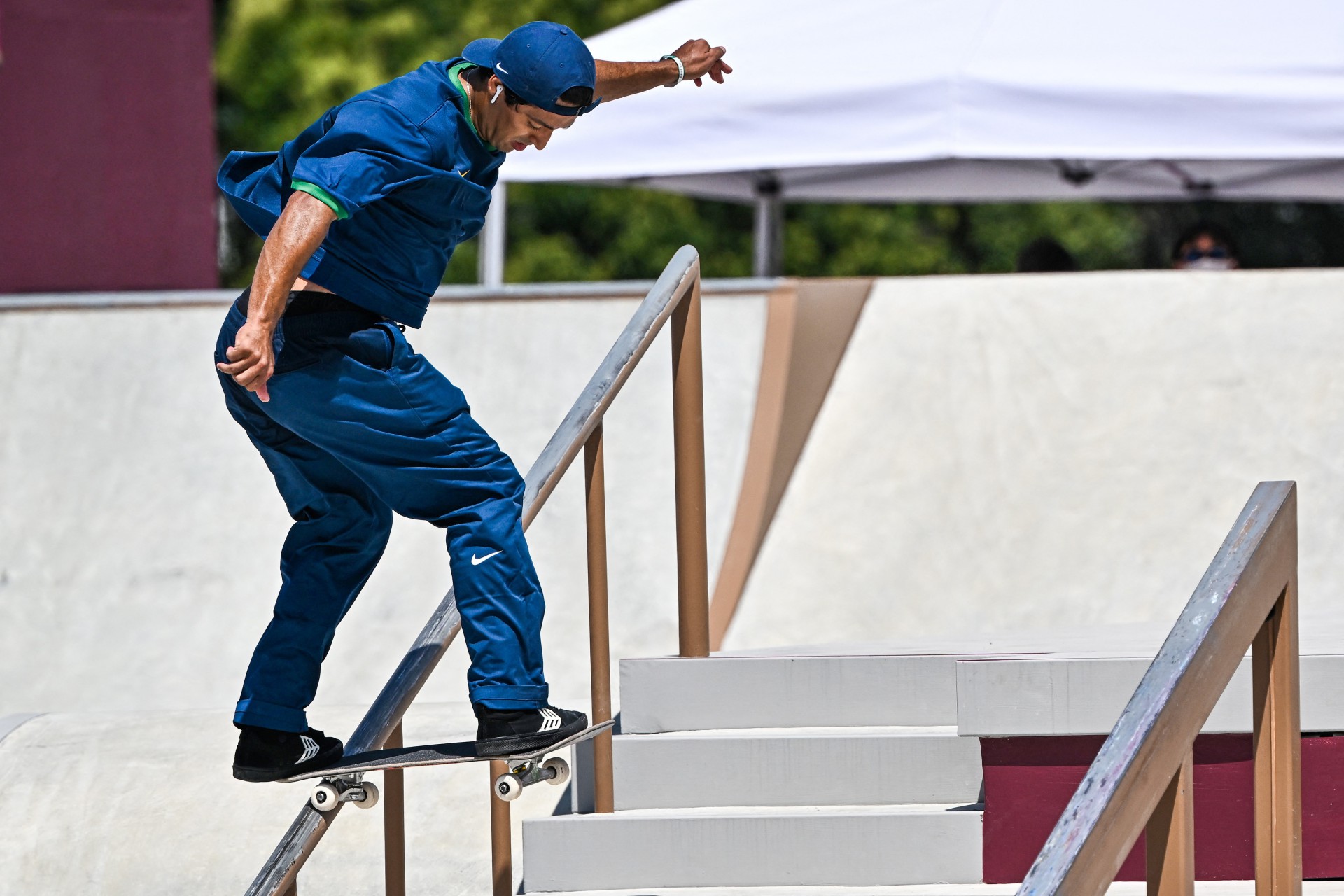 Brazil's Kelvin Hoefler competes in the men's street prelims heat 2 during the Tokyo 2020 Olympic Games at Ariake Sports Park Skateboarding in Tokyo on July 25, 2021. (Photo by Jeff PACHOUD / AFP) - AFP