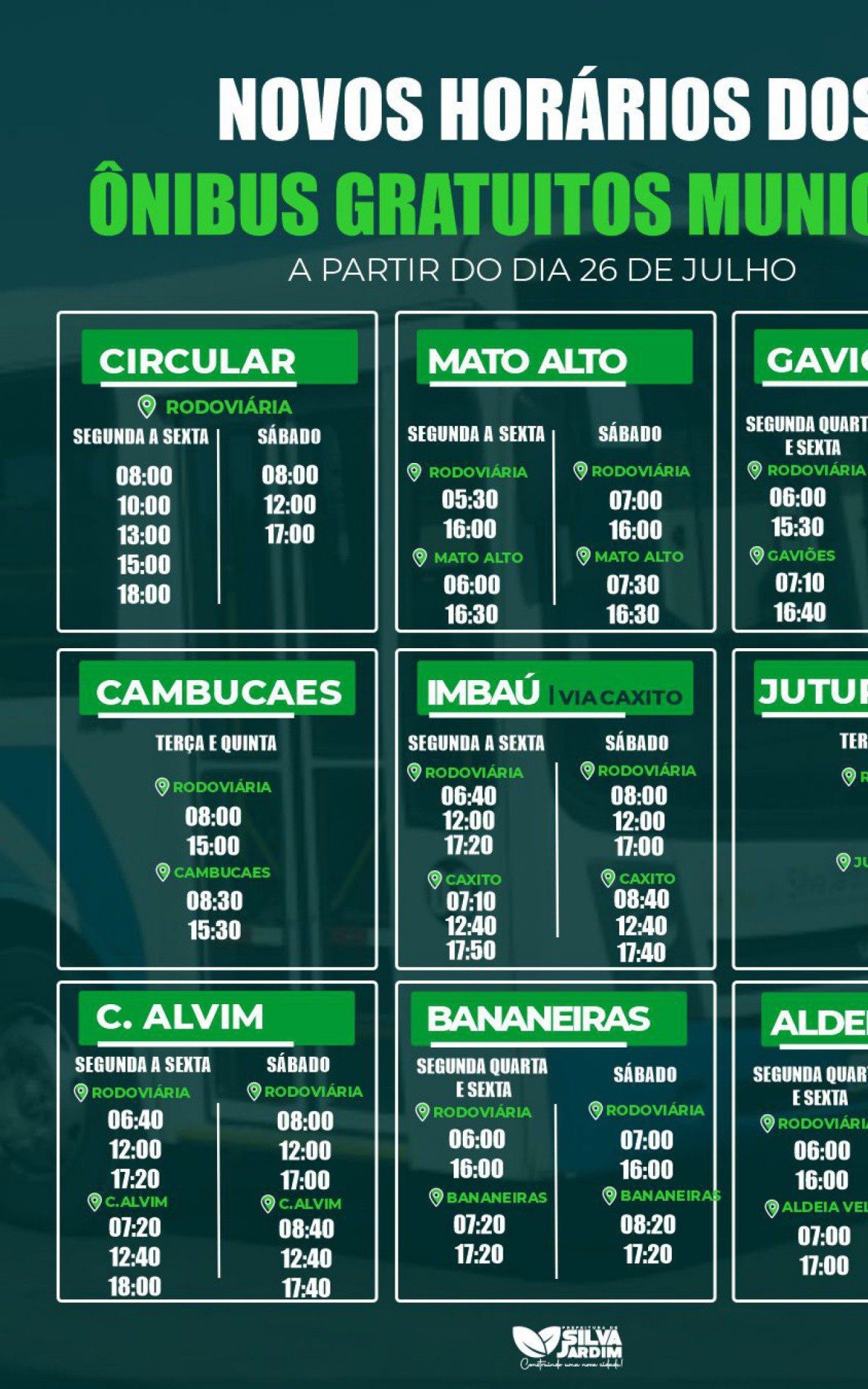 Novos hor&aacute;rios divulgados pela Prefeitura de Silva Jardim